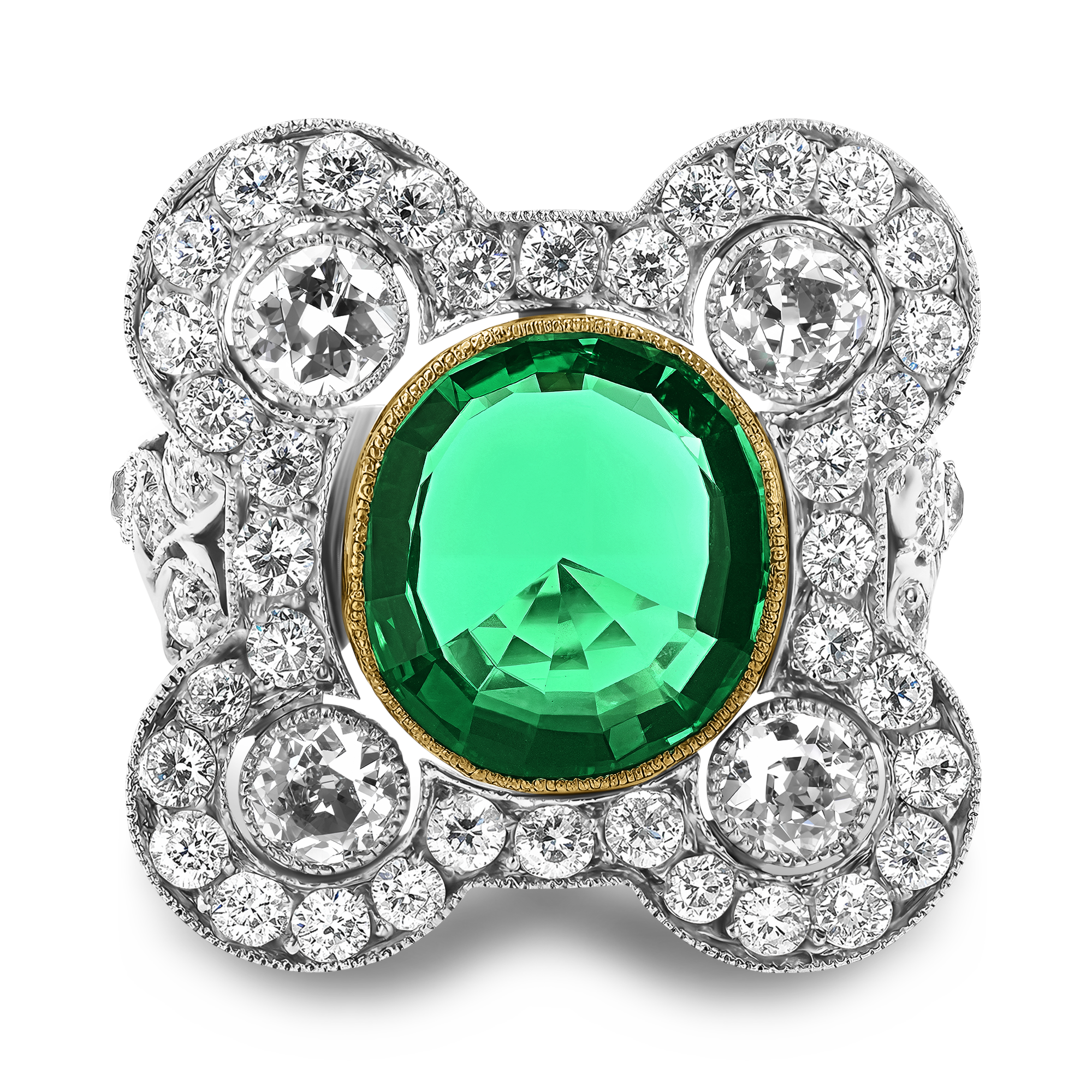 Edwardian 2.91ct Emerald and Diamond Dress Ring Oval Cut, Millegrain Set_2