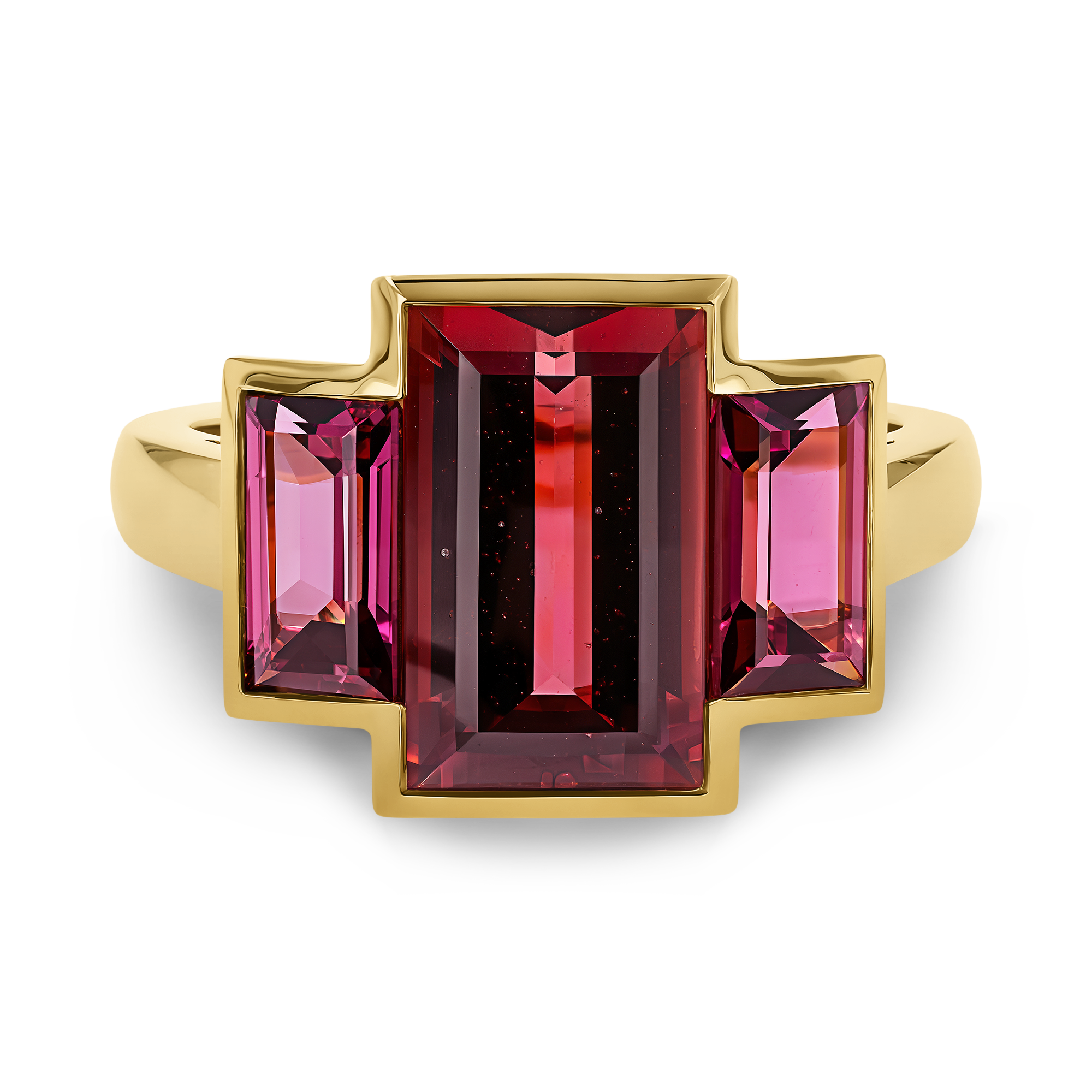 Kingdom 5.95ct Rhodolite Garnet Three Stone Ring Baguette Cut, Rubover Set_2