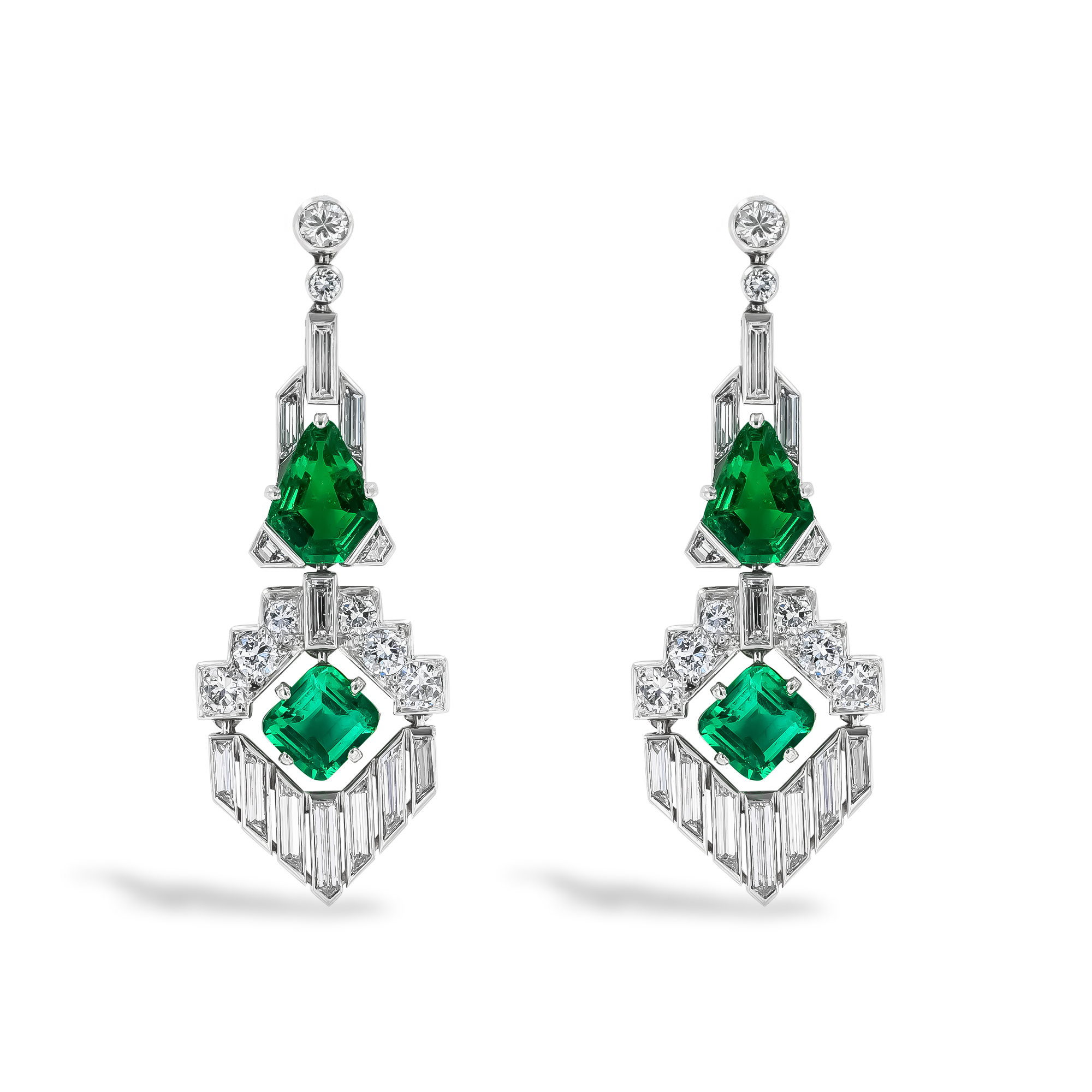 Art Deco 4.14ct Colombian Emerald and Diamond Chandelier Earrings Octagonal Cut, Claw Set_1