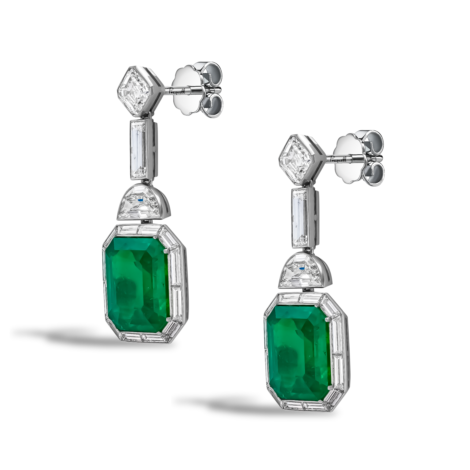 Masterpiece 14.07cts Muzo Emerald and Diamond Art Deco Inspired Drop Earrings Octagon, Half-Moon, Baguette & Asscher Cut, Claw Set_2