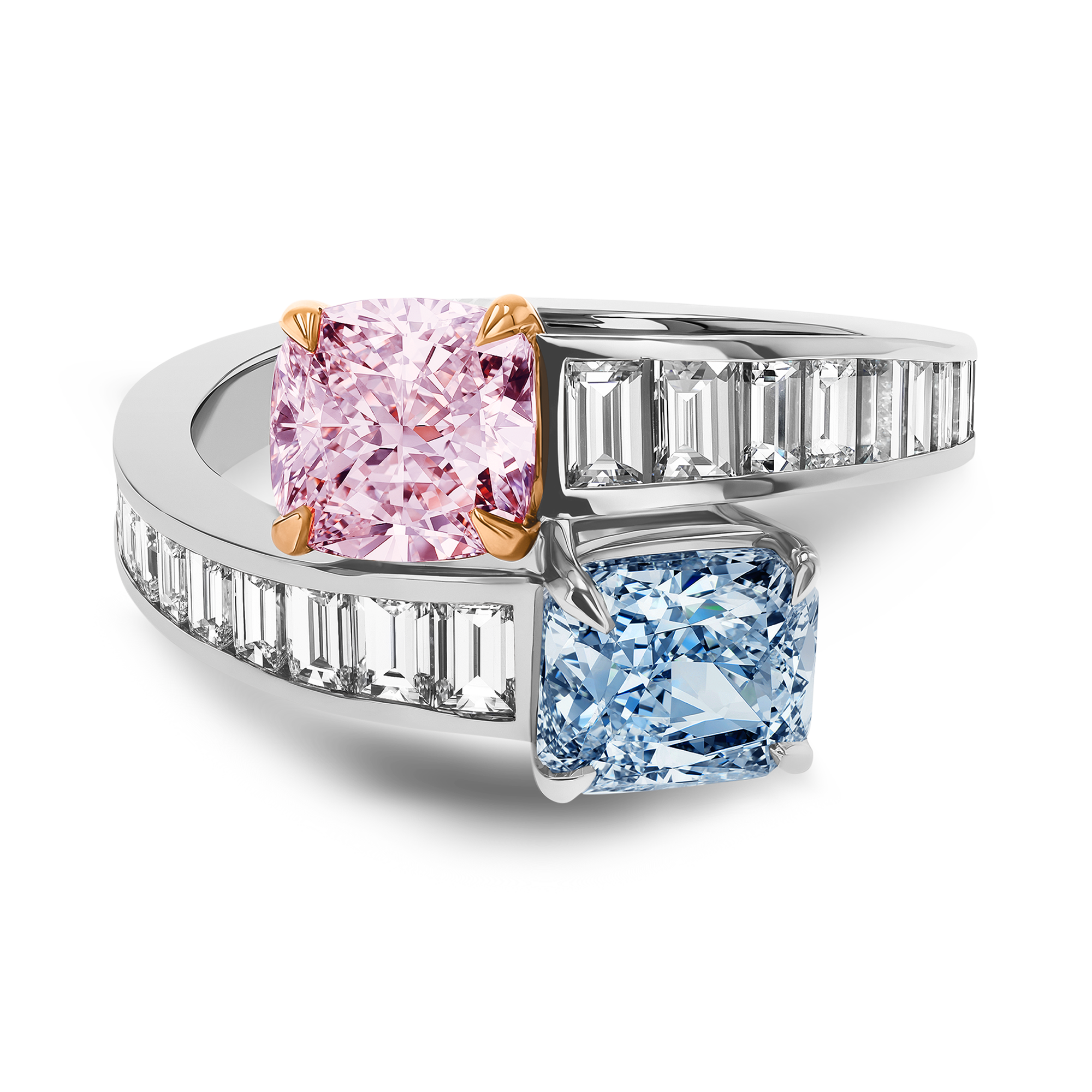 Masterpiece 2.65ct Pink and Blue Diamond Toi et Moi Ring Radiant and Cushion Cut, Claw Set_2