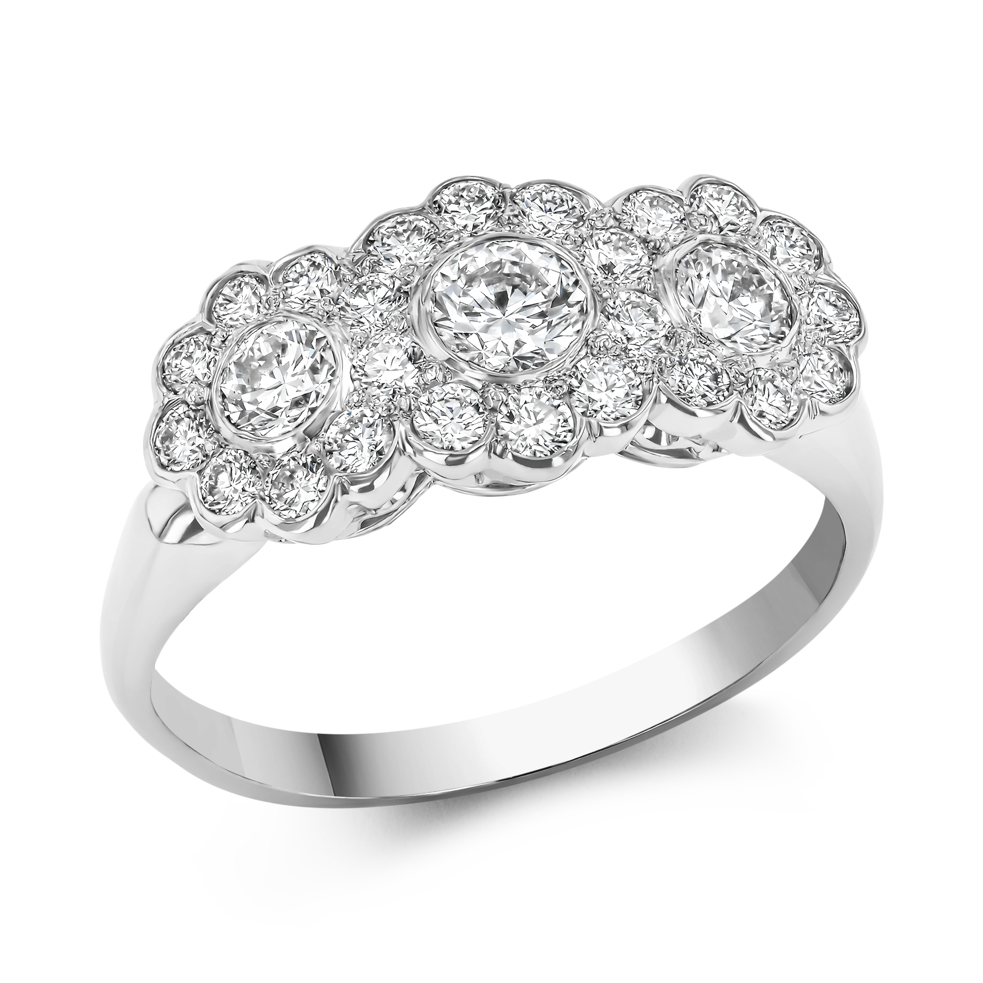 Brilliant Cut Diamond Three Stone Floral Cluster Ring Brilliant Cut, Rubover Set_1