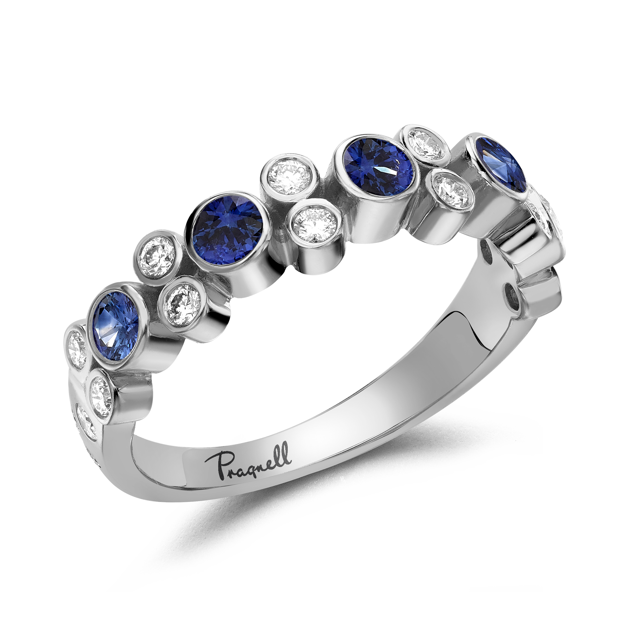 Bubbles Blue Sapphire and Diamond Half-Eternity Ring Brilliant Cut, Rubover Set_1