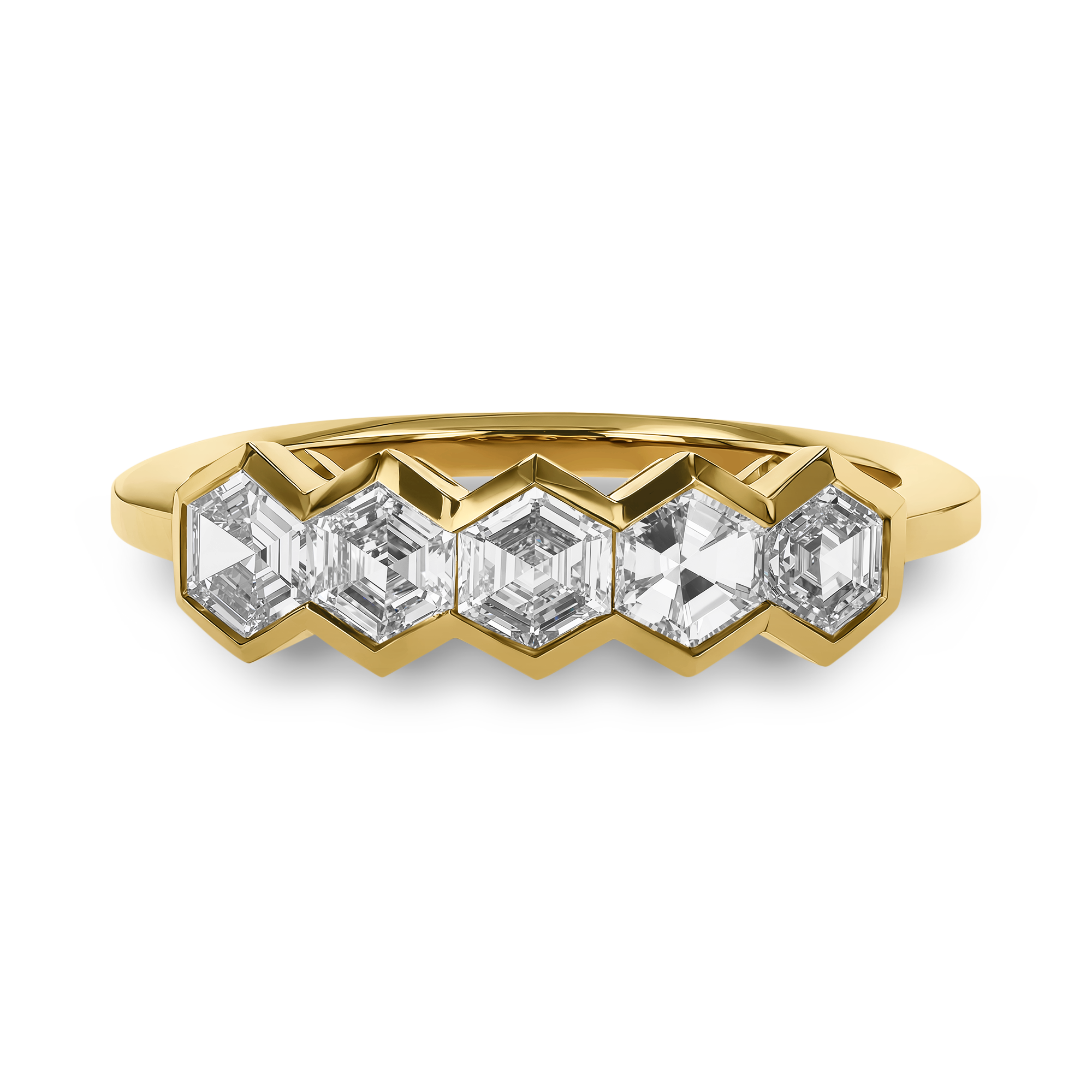 Honeycomb 0.88ct Diamond Five Stone Ring Hexagonal Cut, Rubover Set_2