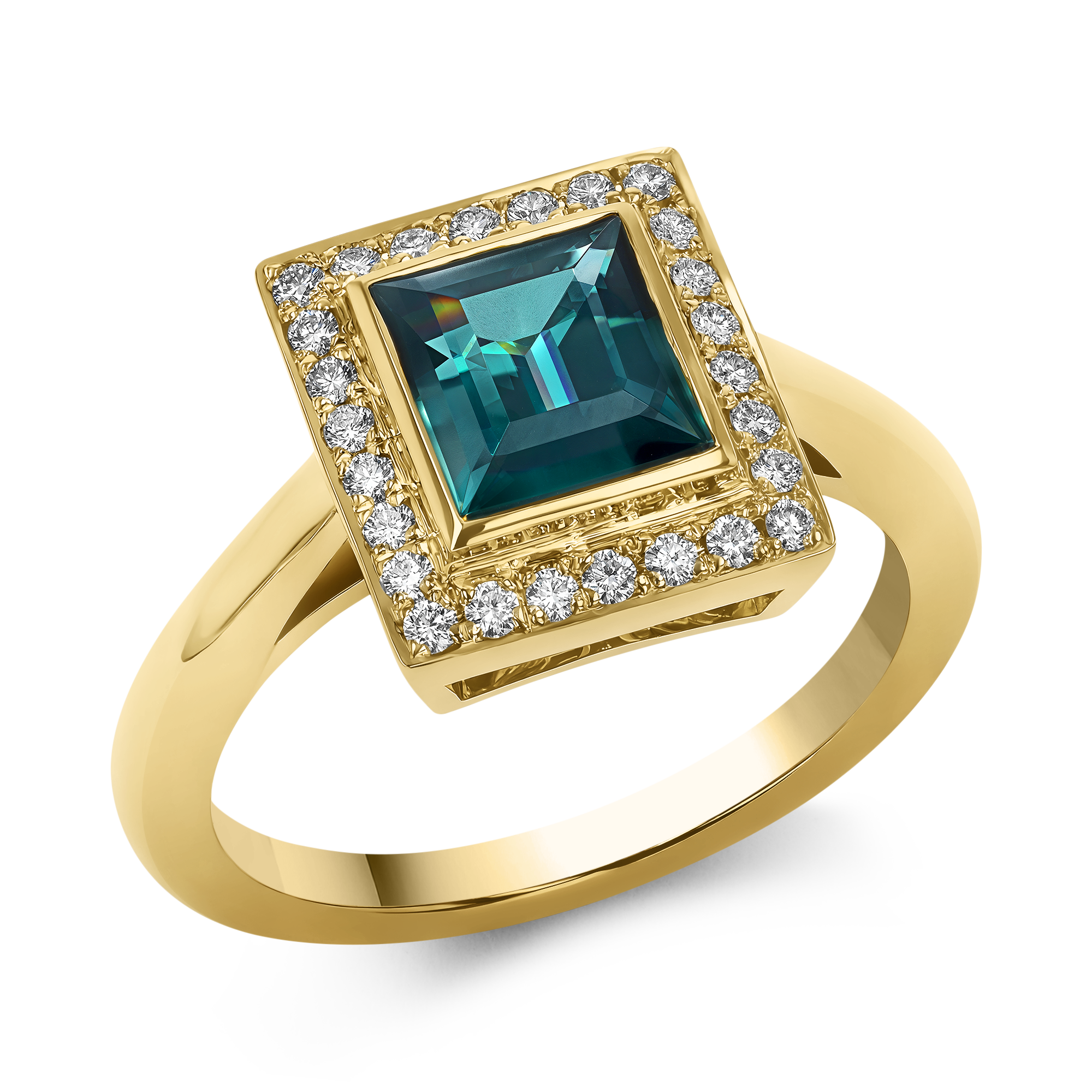 Square Cut 1.43ct Namibian Indicolite Tourmaline and Diamond Ring Square & Brilliant Cut, Rubover & Grain Set_1