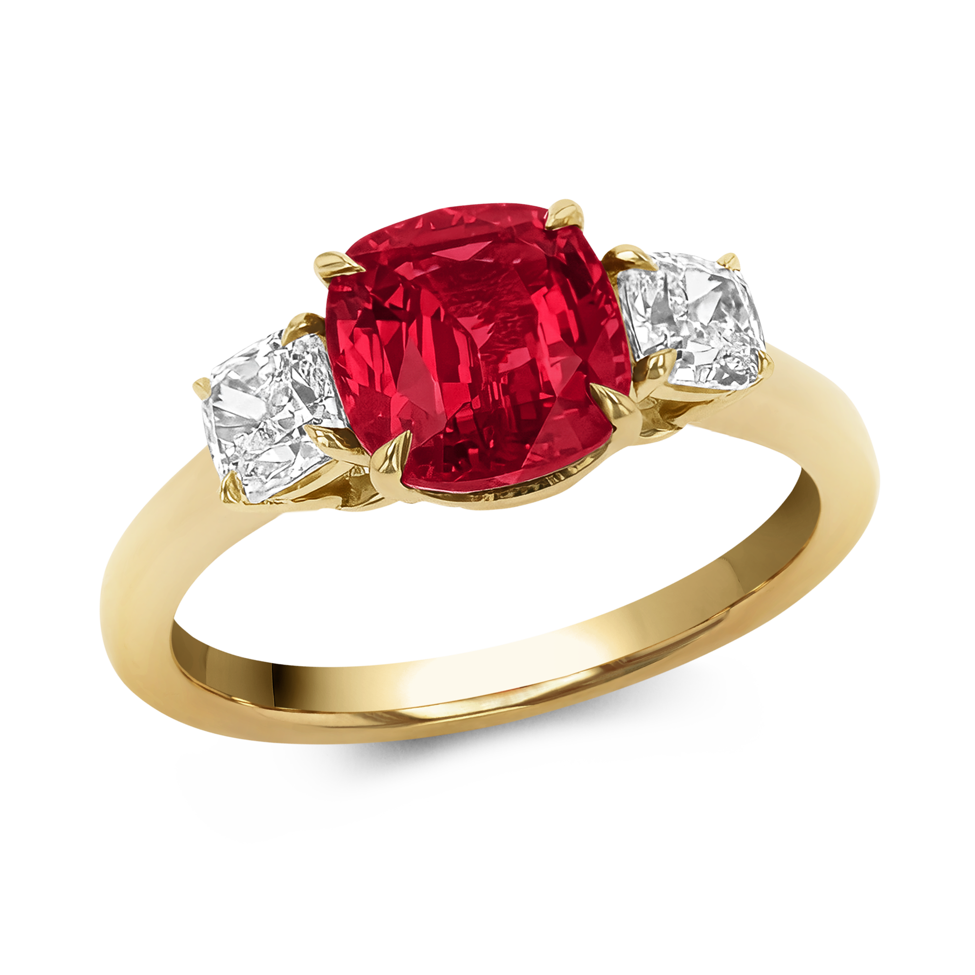 Classic 3.00ct Ruby and Diamond Three Stone Ring Cushion modern cut, Claw set_1