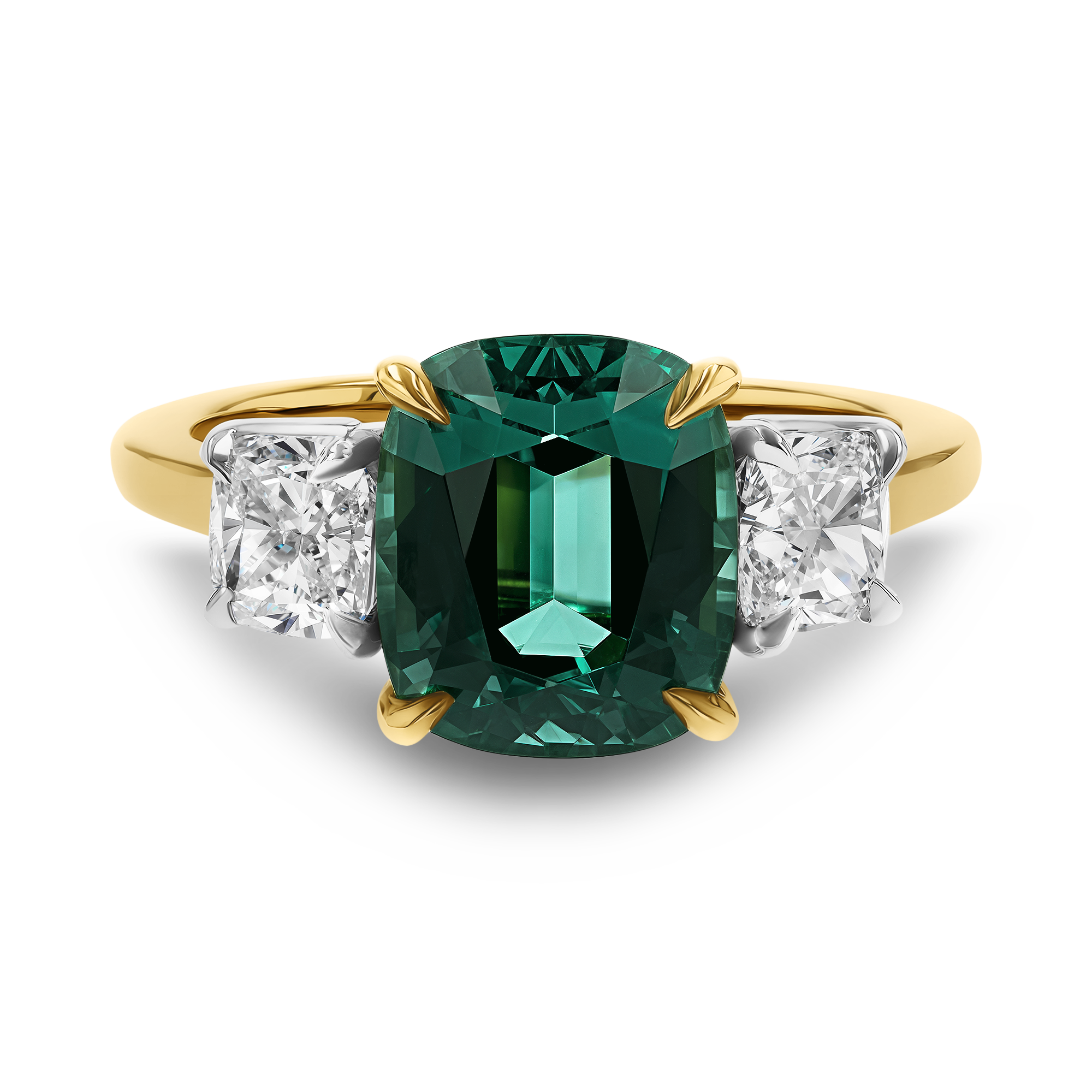 Cushion Cut 3.52ct Namibian Lagoon Tourmaline and Diamond Three Stone Ring Cushion modern cut, Claw set_2