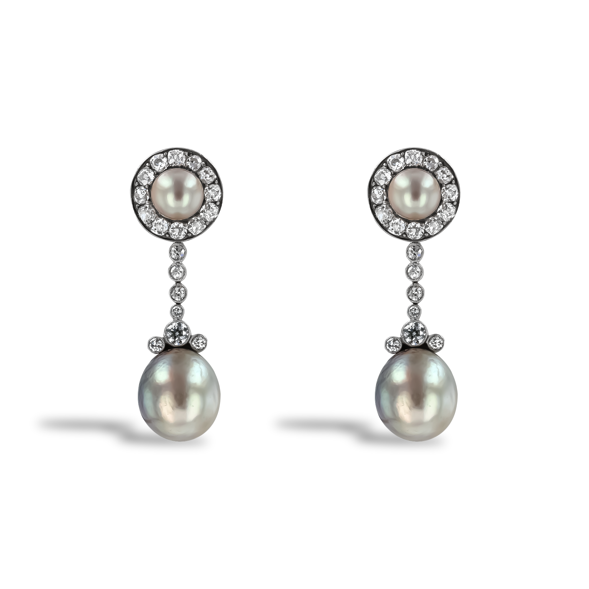 Belle Epoque Natural Pearl and Diamond Drop Earrings Old European Cut, Claw and Millegrain Set_1