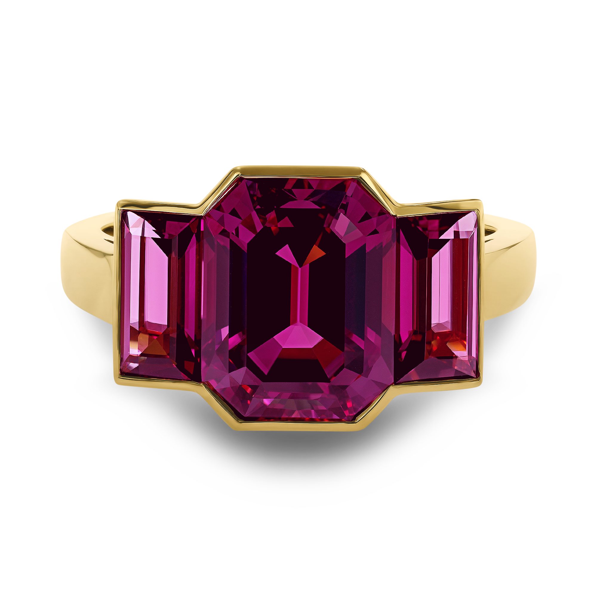 Kingdom 6.22ct Rhodolite Garnet Three Stone Ring Emerald Cut, Rubover Set_2