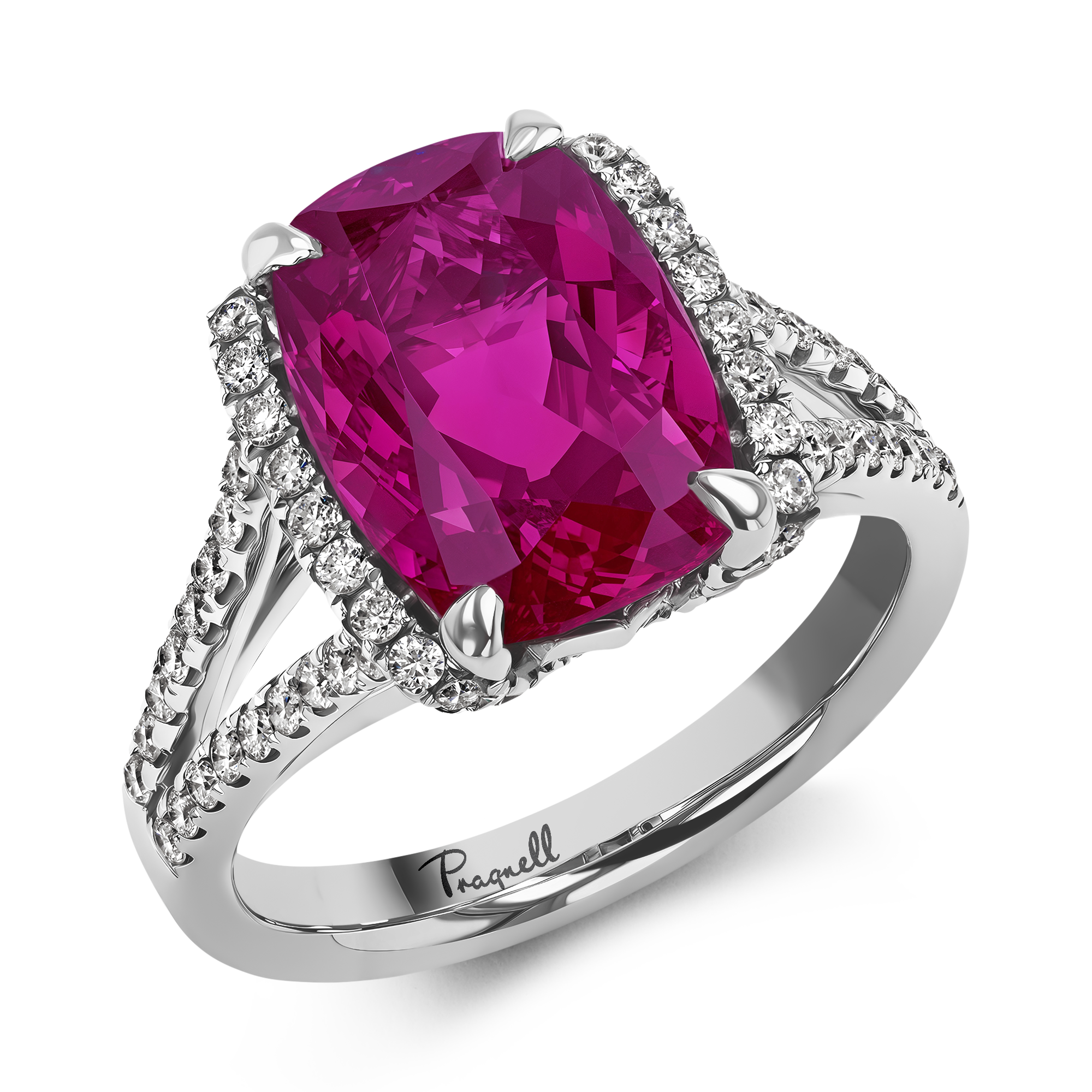 Pink Tourmaline and Diamond Ring with Diamond Set Shoulders Cushion Modern, Claw Set_1