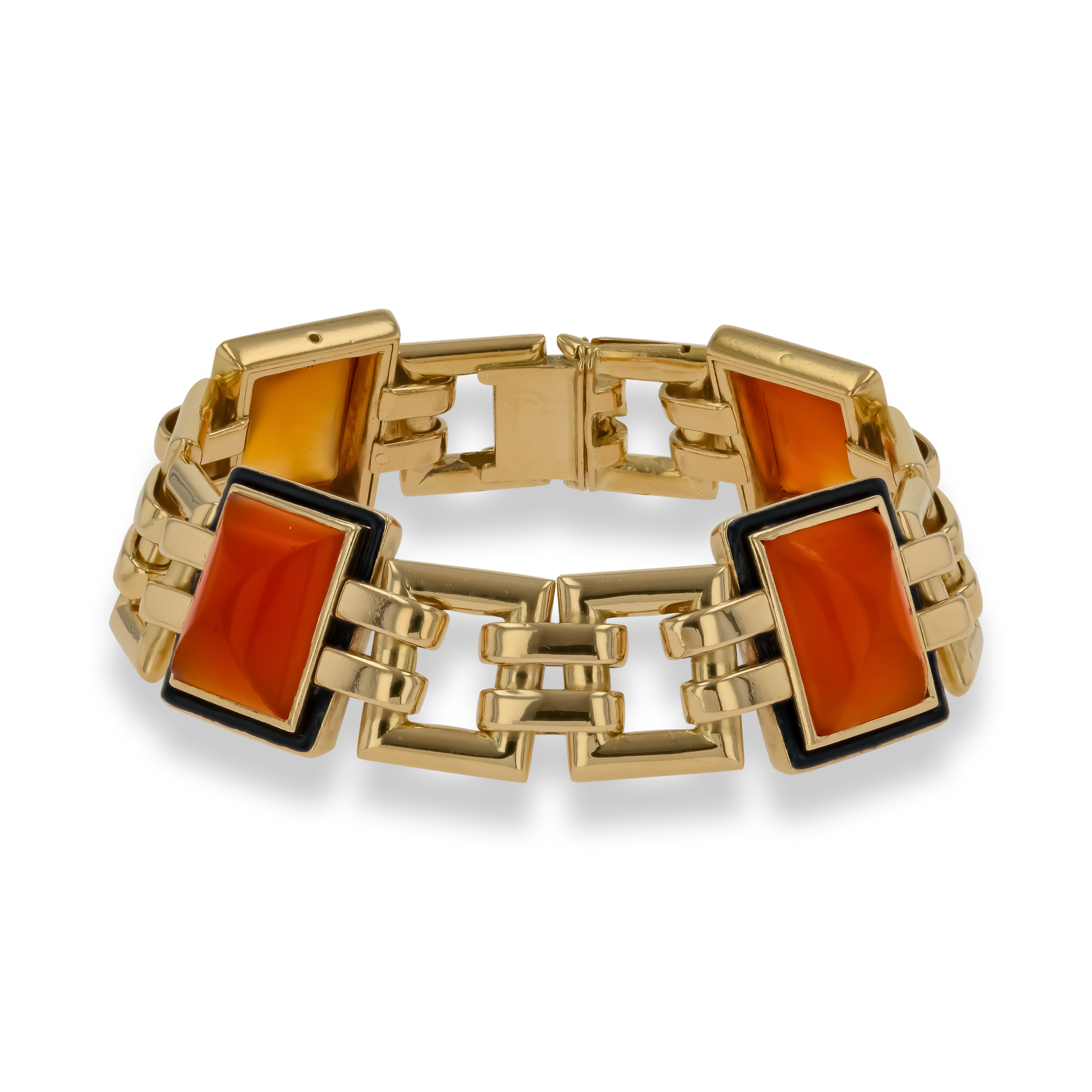 Art Deco Georges L'Enfant Chalcedony and Enamel Link Bracelet Cabochon Cut, Rubover Set_1