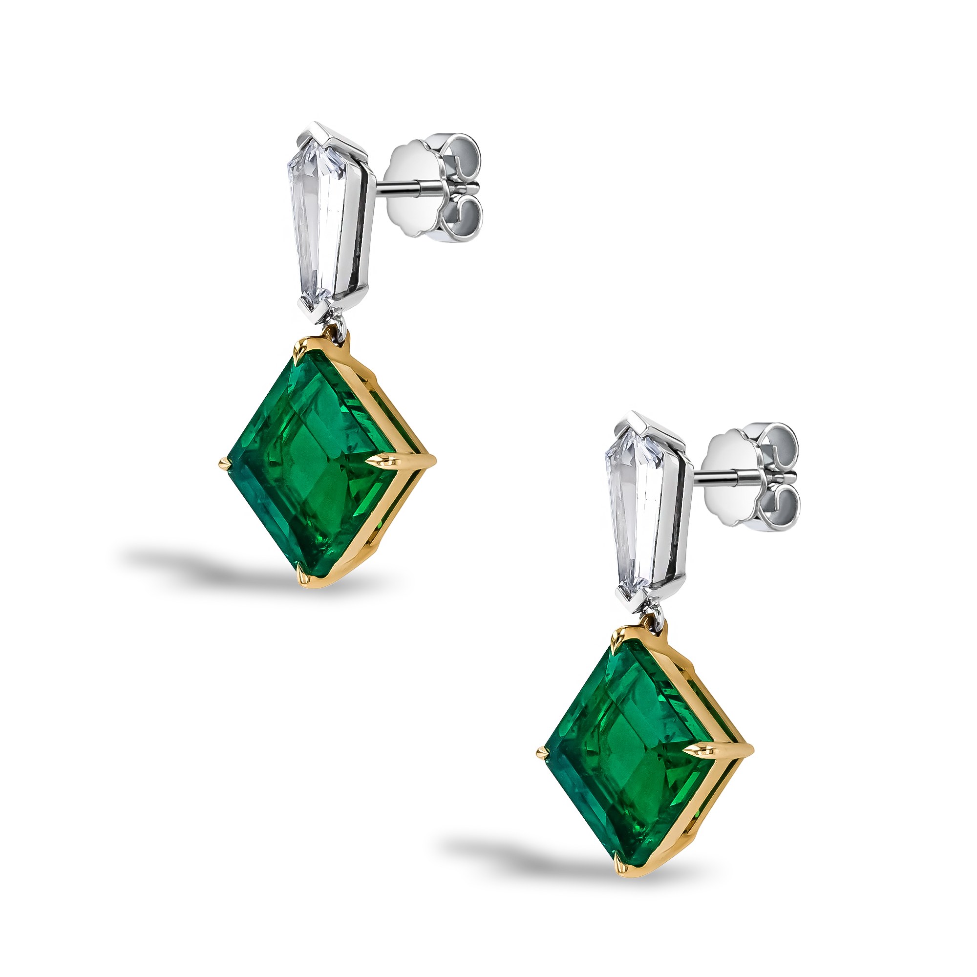 Square Cut Zambian Emerald and Diamond Drop Earrings Square Cut, Claw Set_2