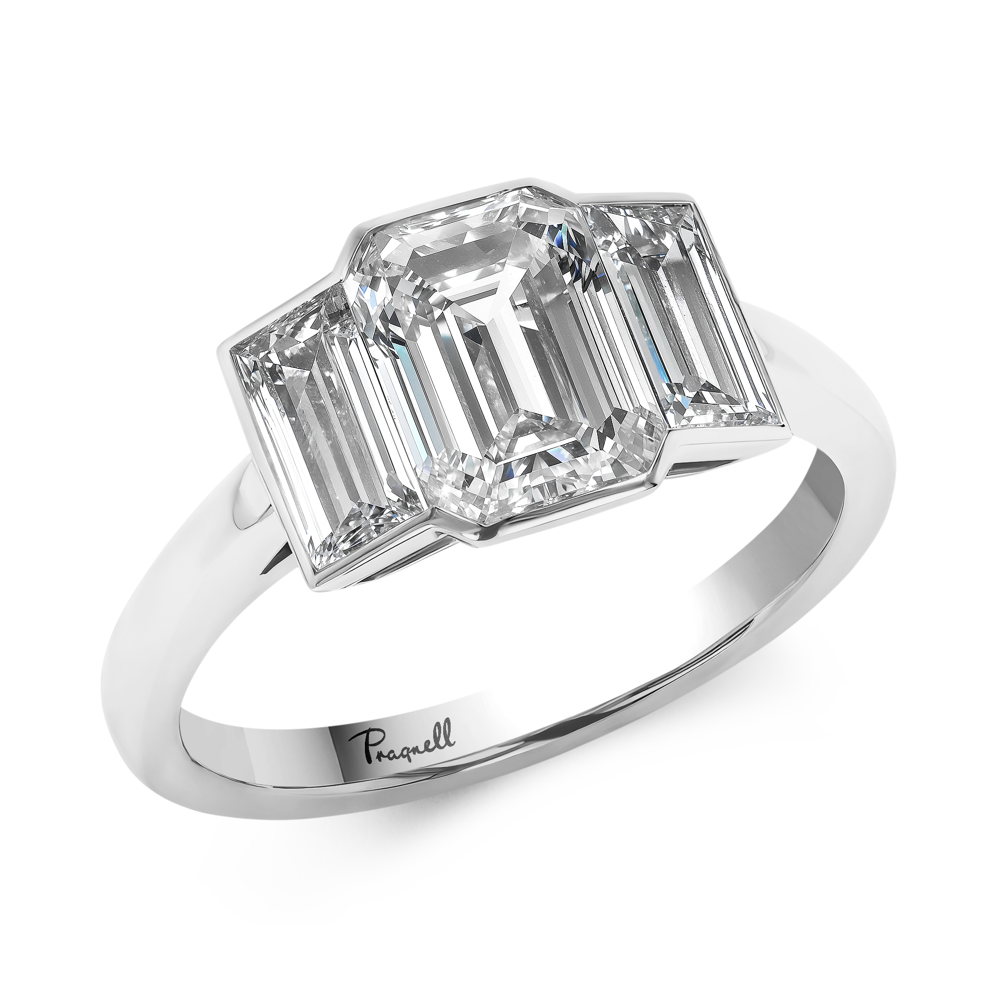 Kingdom 2.71ct Diamond Three Stone Ring Emerald Cut, Rubover Set_1