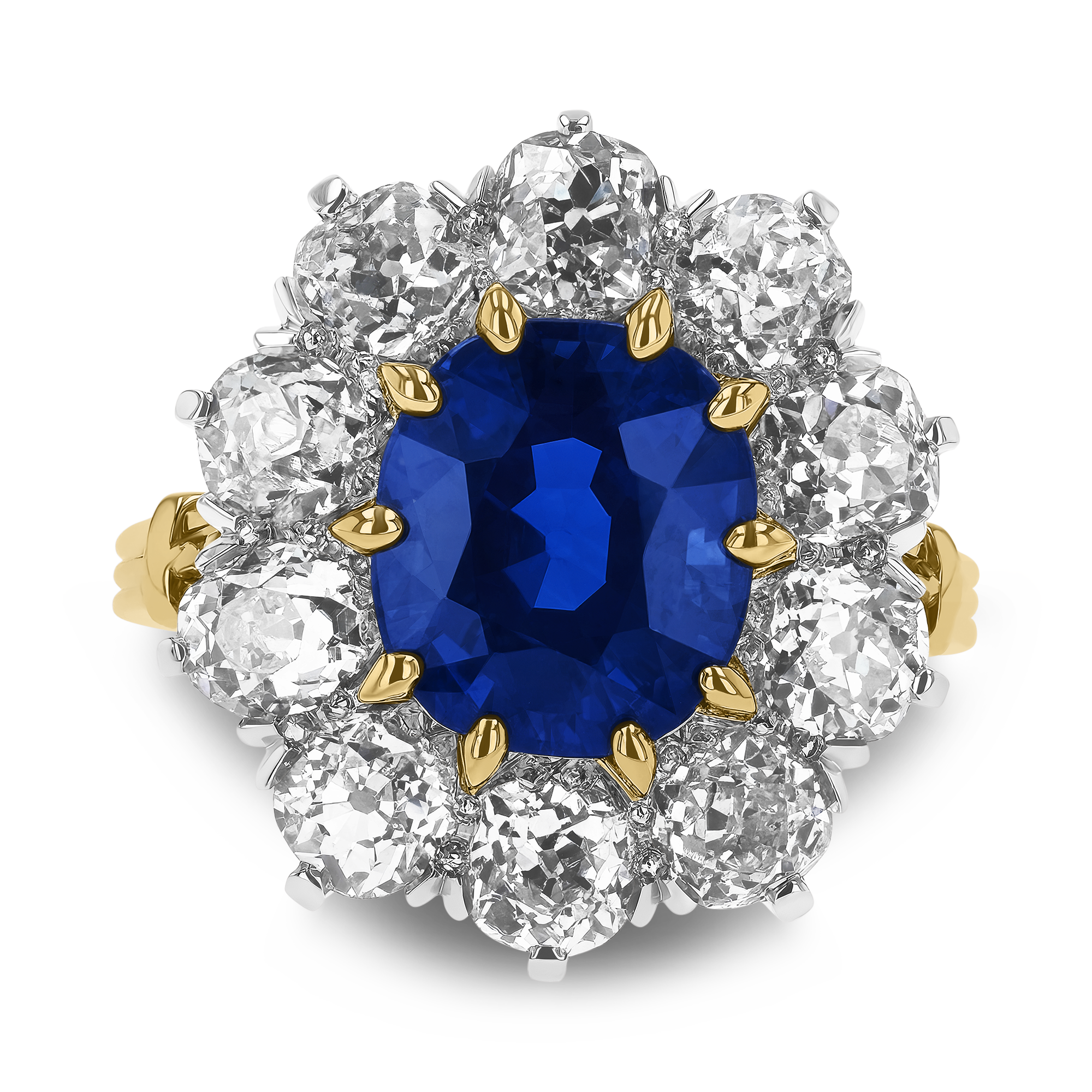 Cushion Cut 4.147ct Kashmir Sapphire Cluster Ring Cushion Antique Cut, Claw Set_2