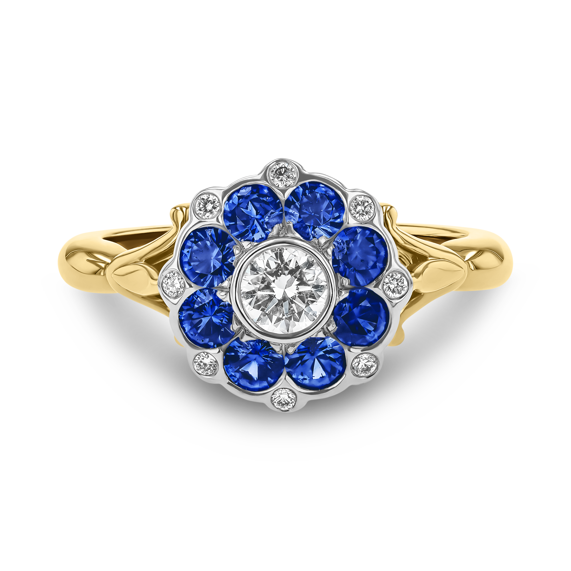 Brilliant Cut Sapphire and Diamond Cluster Ring Brilliant Cut, Rubover Set_2