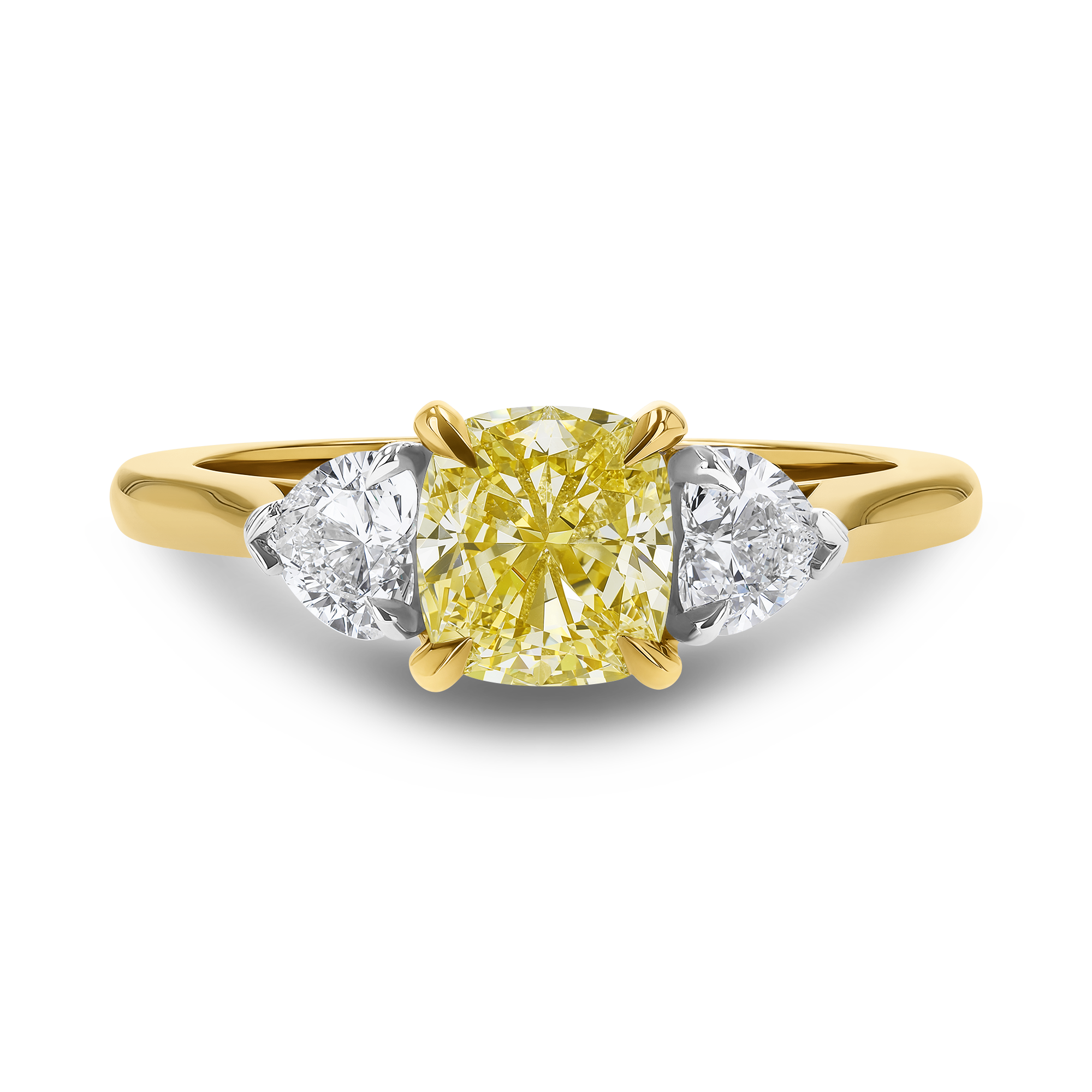 Venus Setting 1.21ct Fancy Yellow Diamond Three Stone Ring Cushion & Heart Cut, Claw Set_2