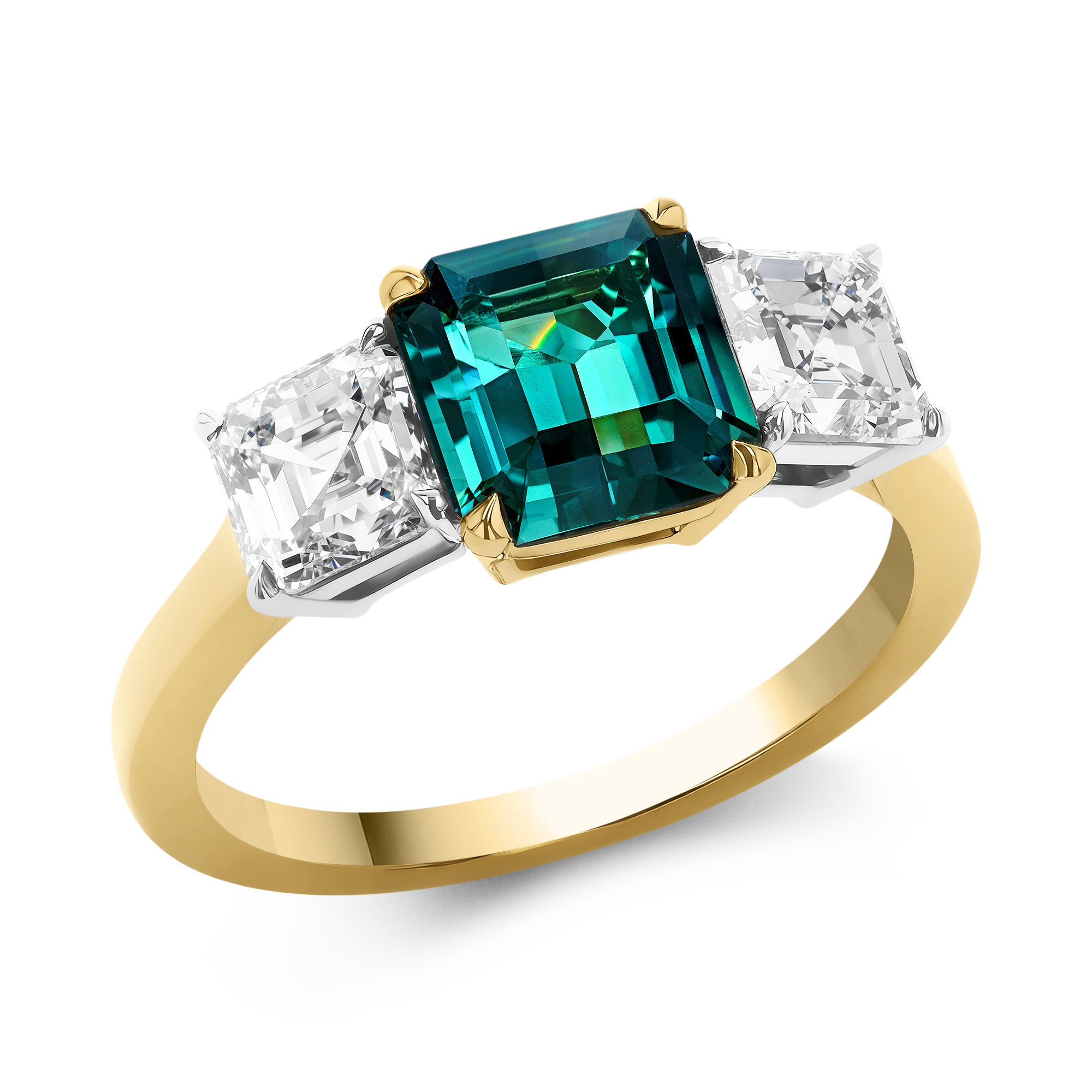 Emerald Cut 1.89ct Namibian Lagoon Tourmaline and Diamond Three Stone Ring Emerald Cut, Claw Set_1