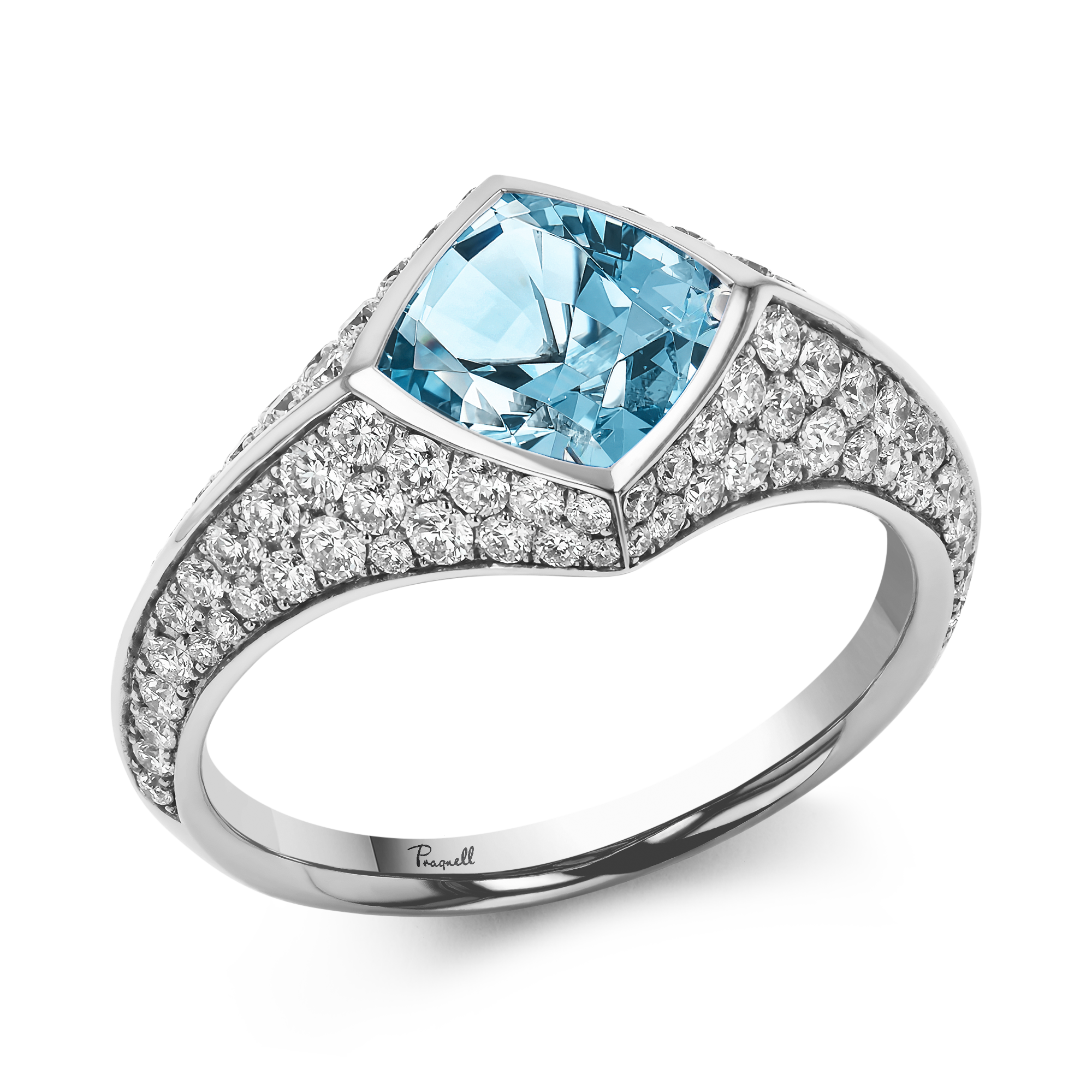 Square Cut 1.30ct Aquamarine and Diamond Ring Square Cut, Rubover Set_1