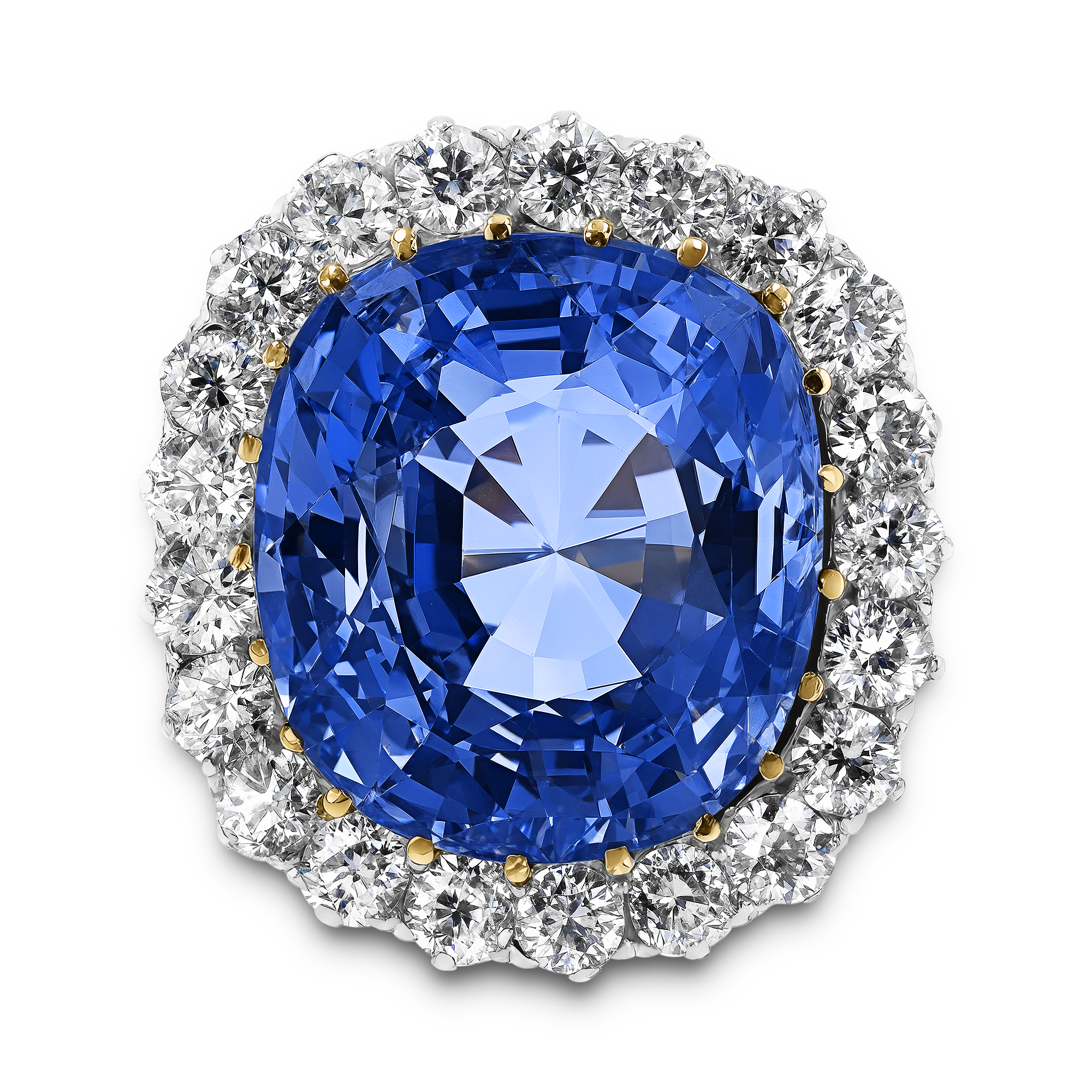 Sri Lankan 37.09ct Sapphire and Diamond Cluster Ring Cushion Antique Cut, Claw Set_2