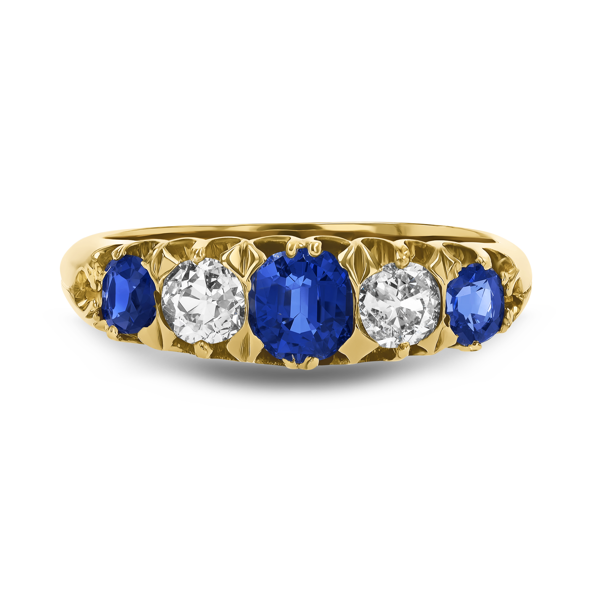 Victorian 1.30ct Sapphire and Diamond Five Stone Ring Cushion Antique Cut, Claw Set_2