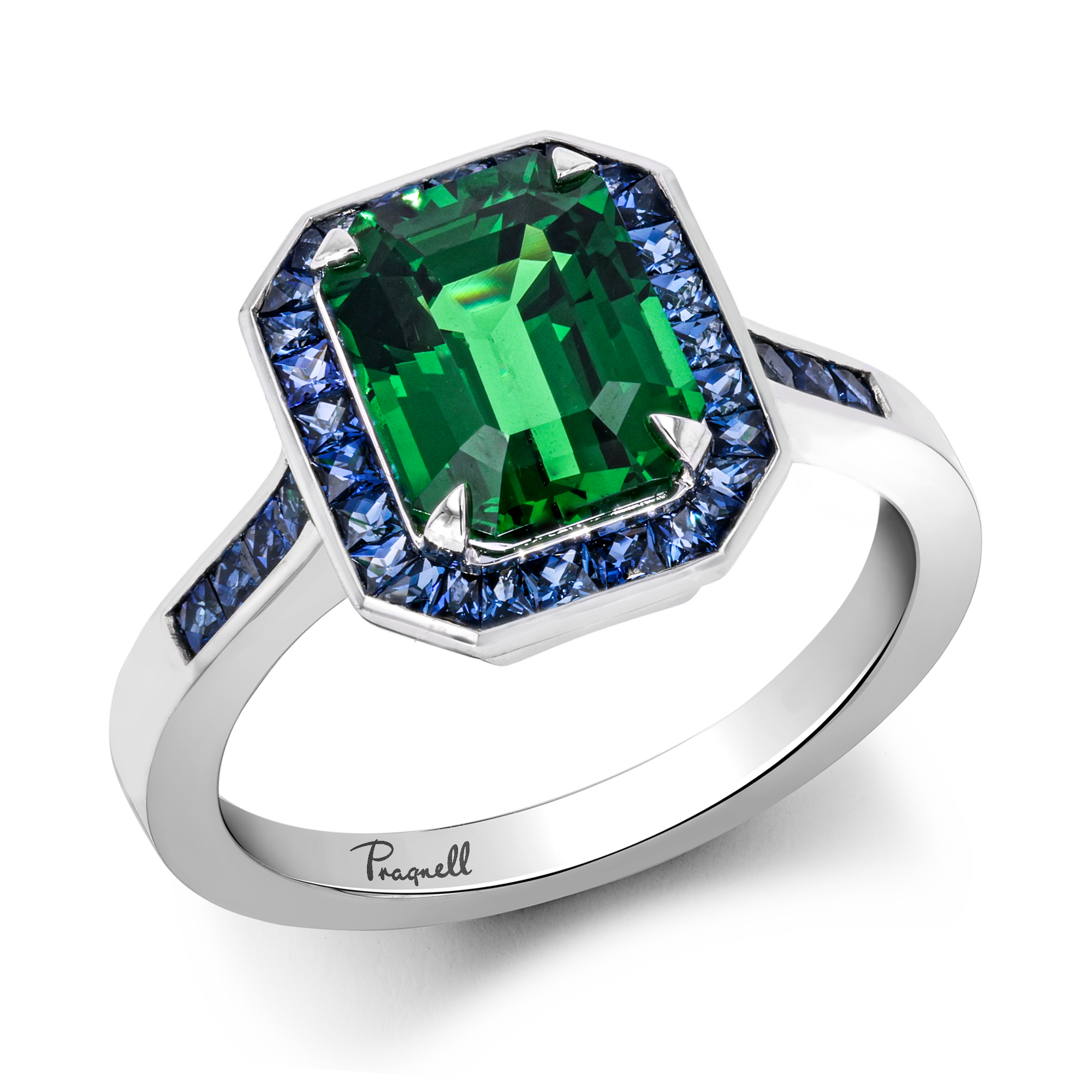 Gatsby 3.07ct Tsavorite Garnet Ring with Blue Sapphire Surround Emerald & French Cut, Claw & Channel Set_1