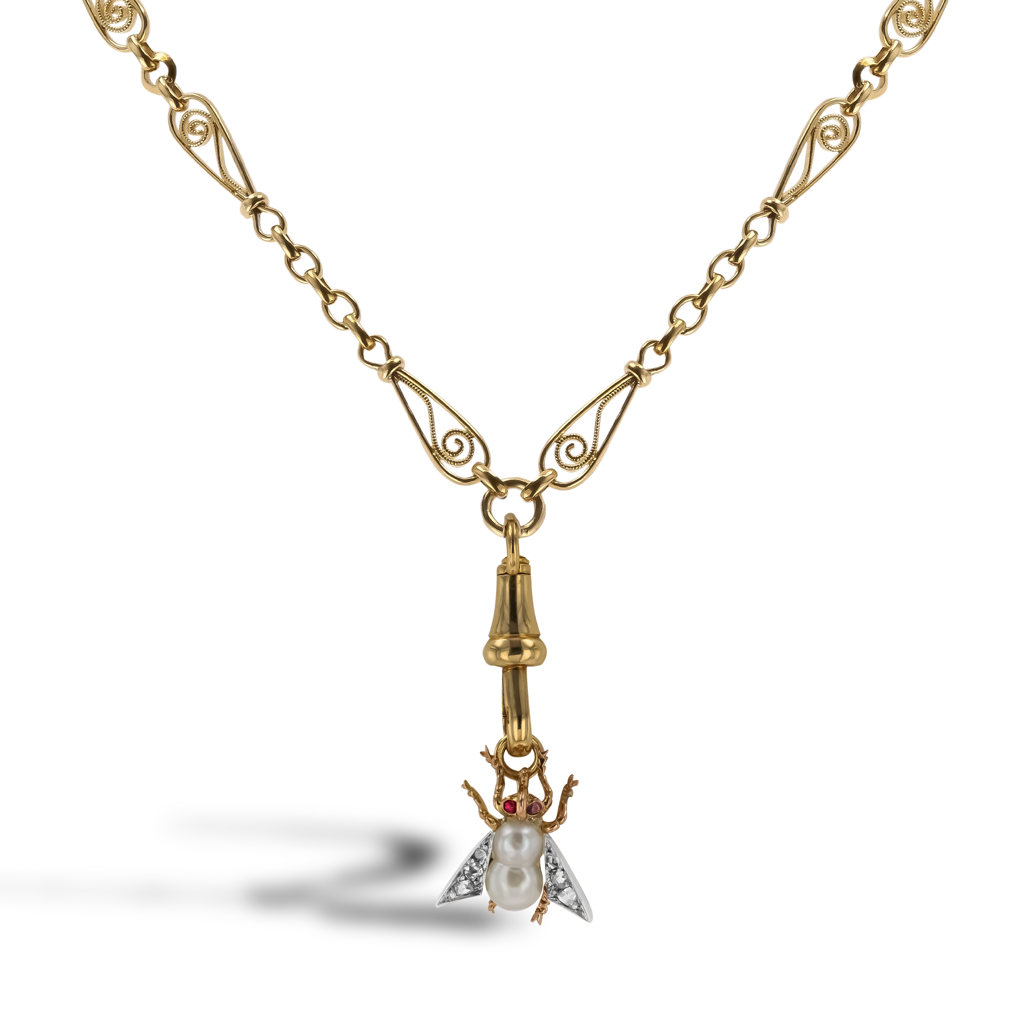 Edwardian Pearl and Diamond Fly Clip Pendant Rose Cut, Claw Set_1