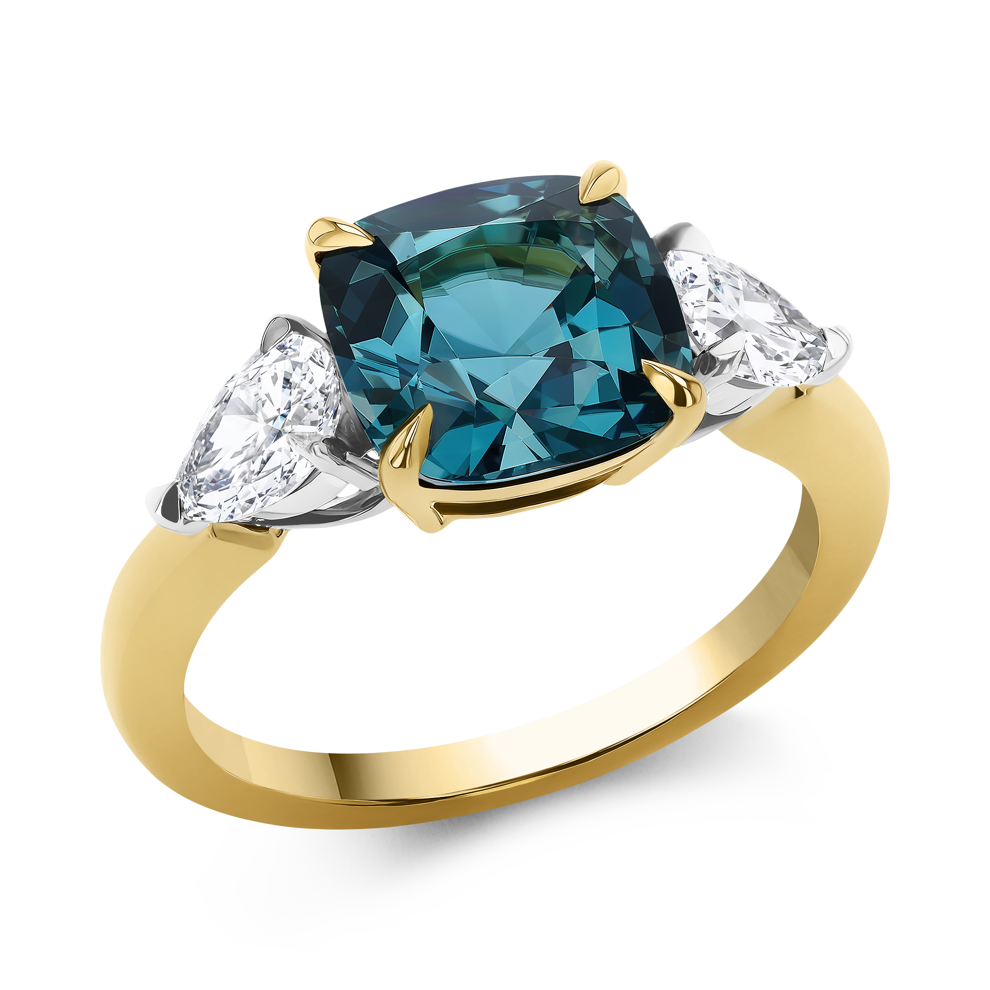 Cushion Cut 2.80ct Namibian Lagoon Tourmaline and Diamond Three Stone Ring Cushion modern cut, Claw set_1