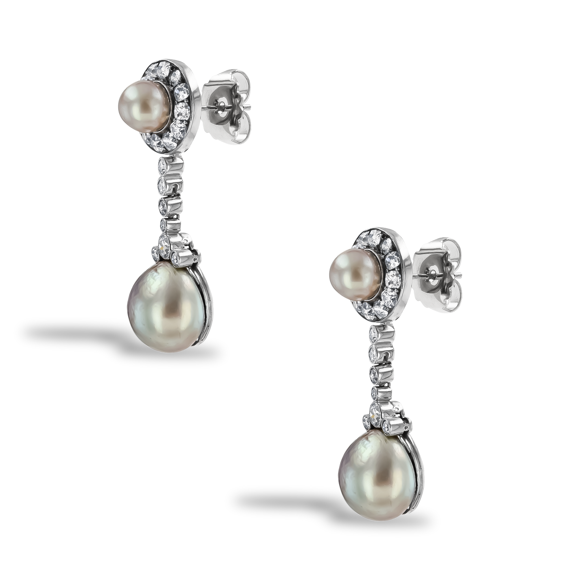 Belle Epoque Natural Pearl and Diamond Drop Earrings Old European Cut, Claw and Millegrain Set_2