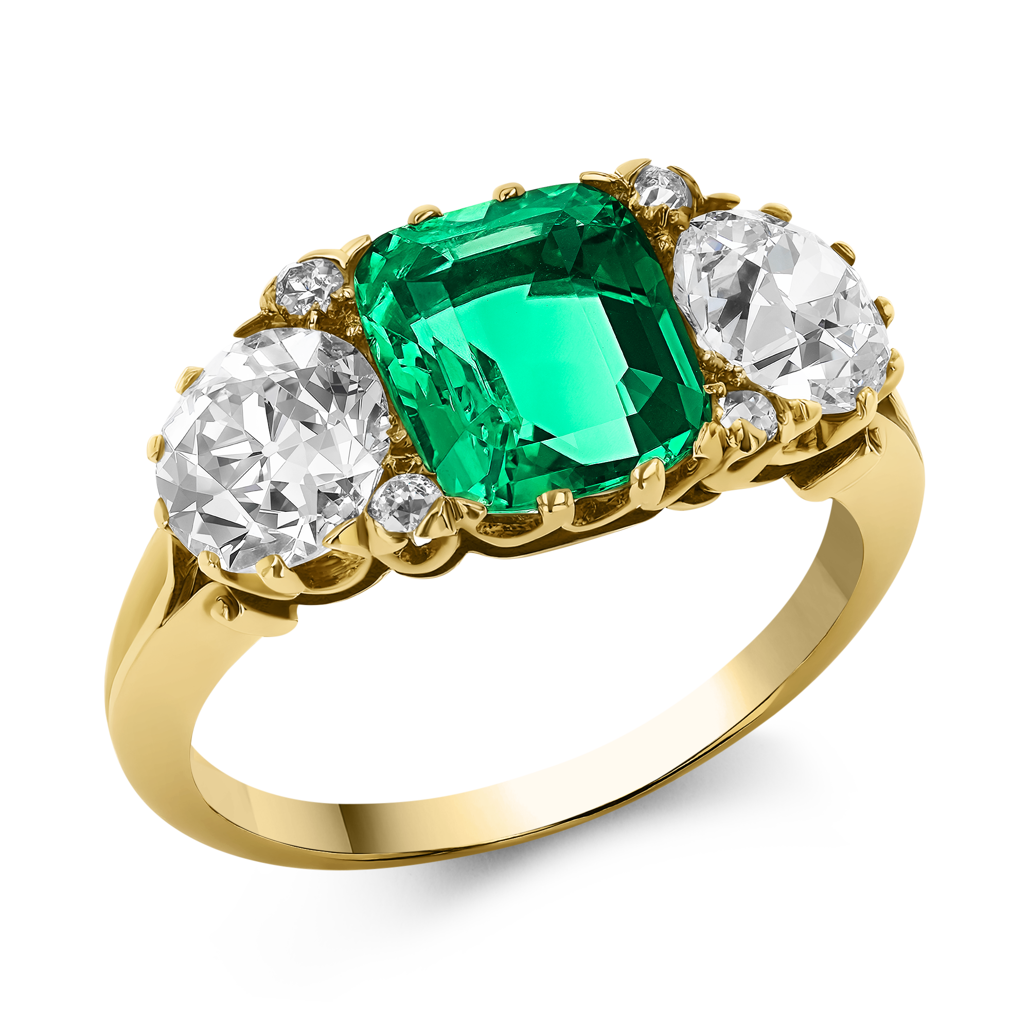 Victorian 2.00ct Emerald and Diamond Three Stone Ring Octagonal & Old European Cut, Claw Set_1