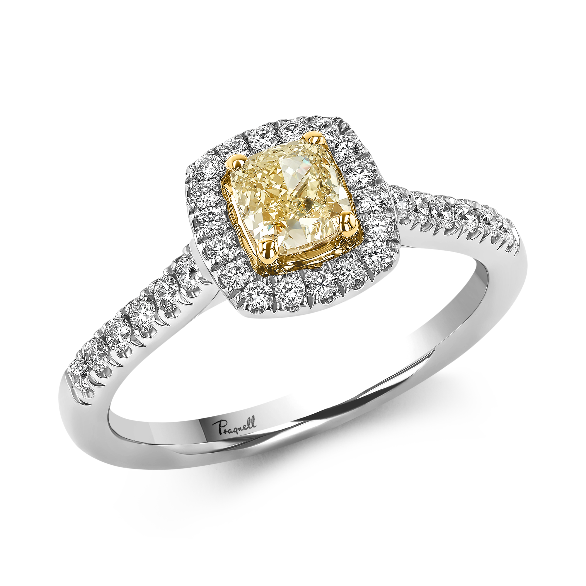 Celestial 0.54ctFancy Yellow Diamond Cluster Ring with Diamond Surround Cushion modern cut, Claw set_1