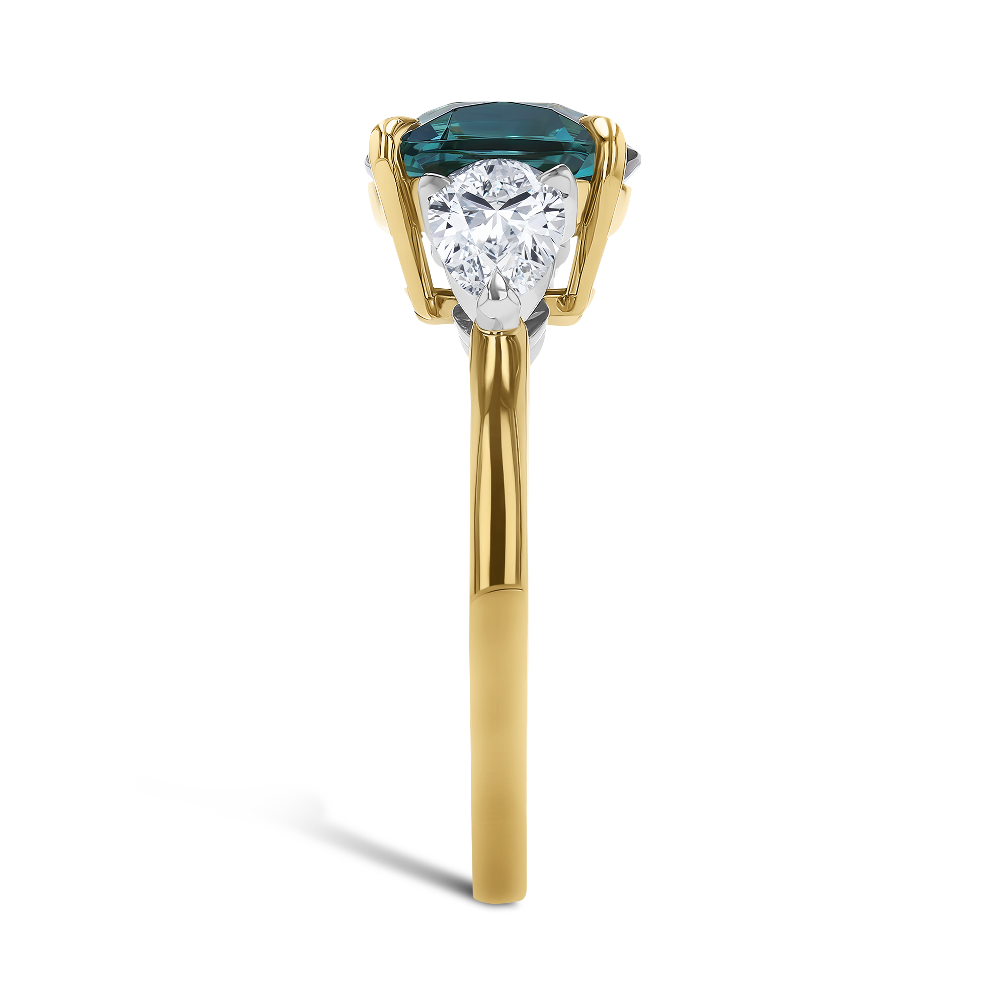 Cushion Cut 2.80ct Namibian Lagoon Tourmaline and Diamond Three Stone Ring Cushion modern cut, Claw set_4