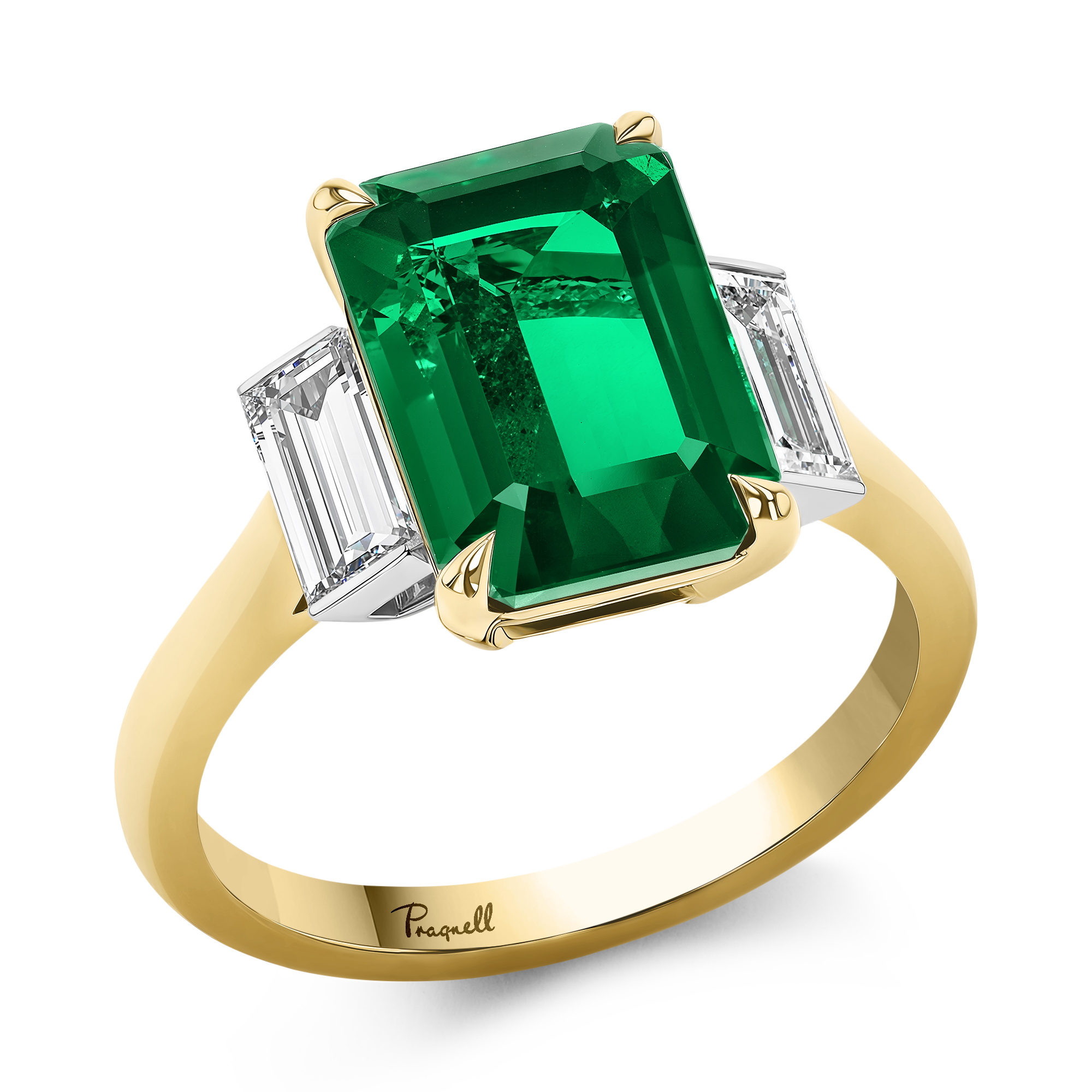 Octagonal 3.81ct Emerald and Diamond Three Stone Ring Octagon Cut, Claw Set_1