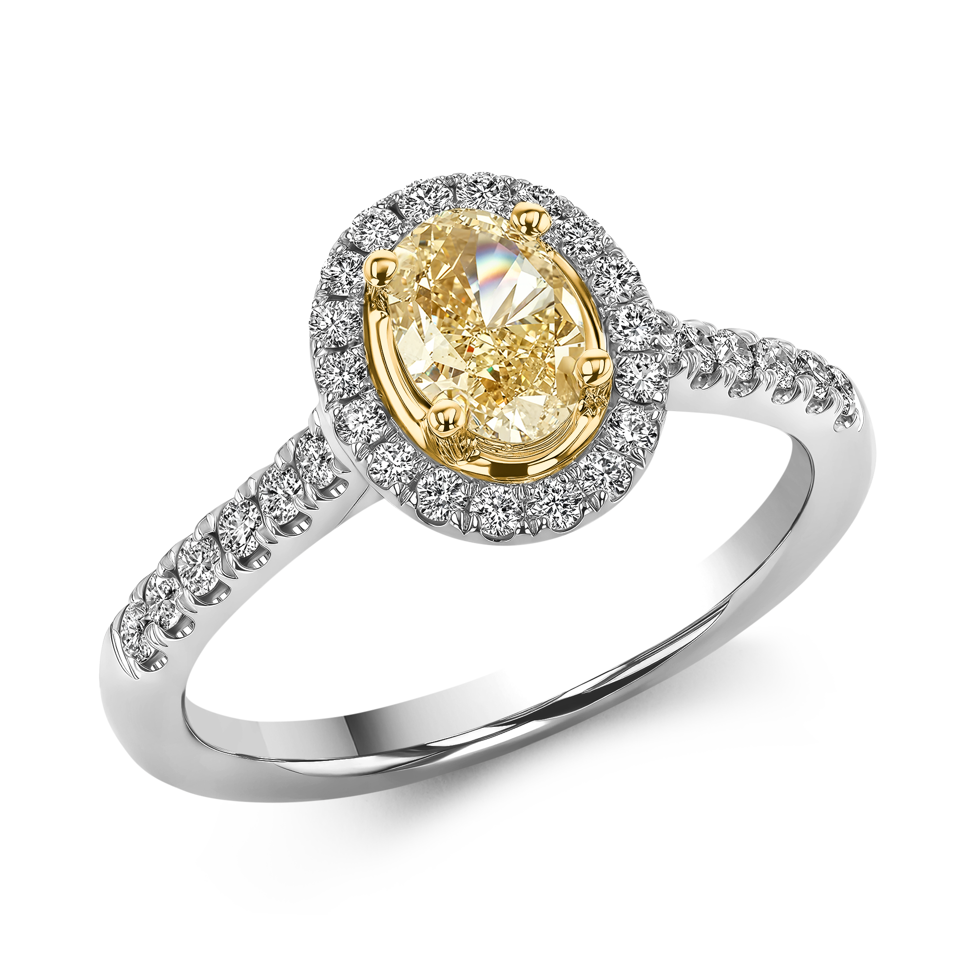 Fancy Yellow Diamond Cluster Ring with Diamond Surround and Shoulders Oval Cut, Four Claw Set_1