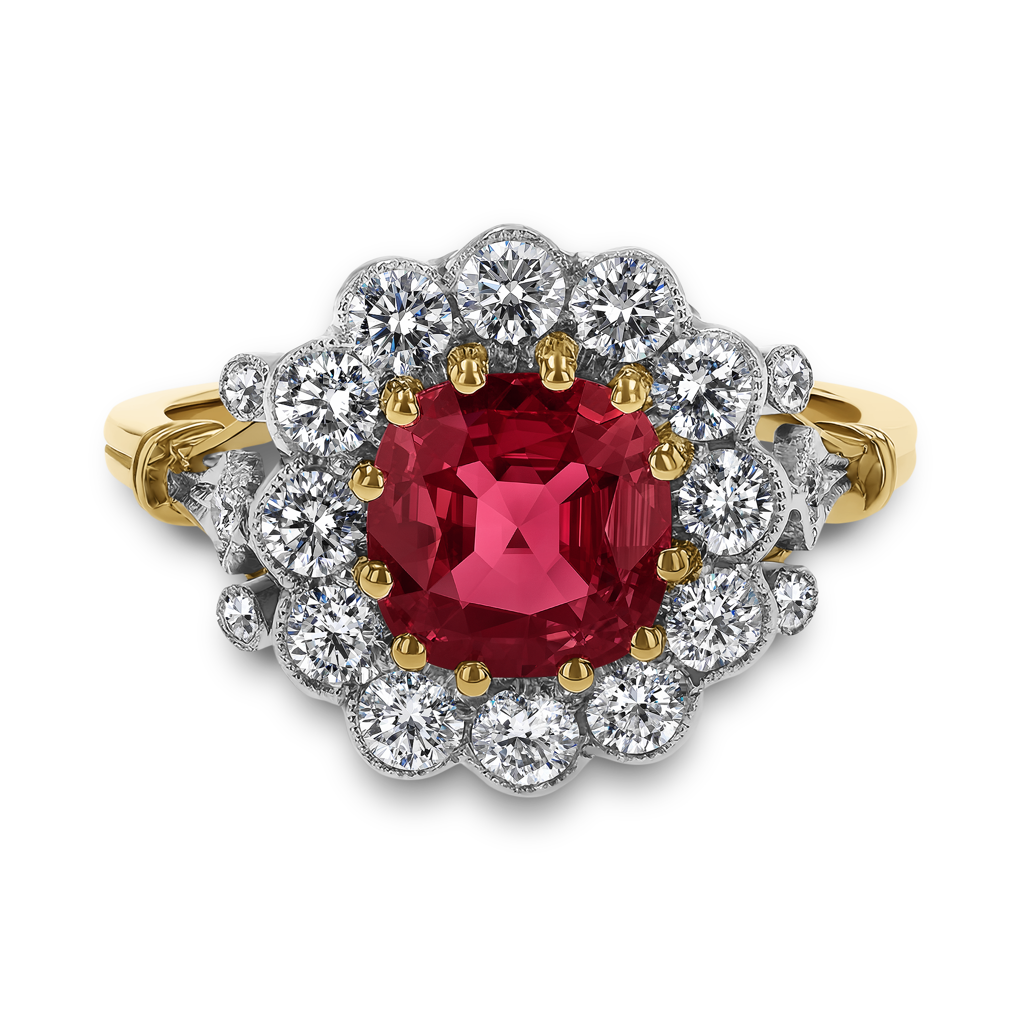 Edwardian Inspired Cushion Cut 1.17ct Ruby and Diamond Cluster Ring Cushion & Brilliant Cut, Claw Set_2