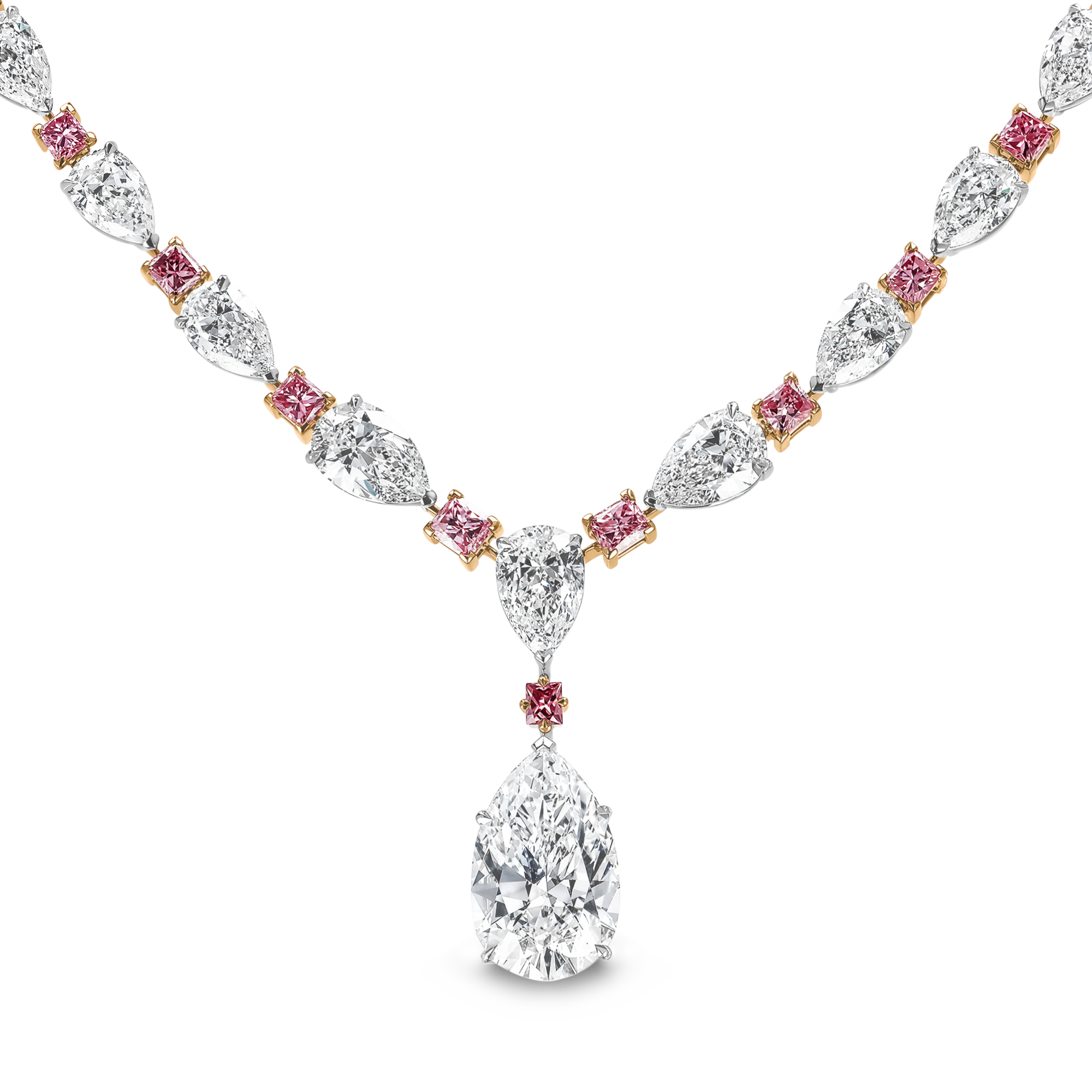 Masterpiece Pear Shaped Diamond and Fancy Intense Pink Diamond Necklace Pear & Princess Cut, Claw Set_1