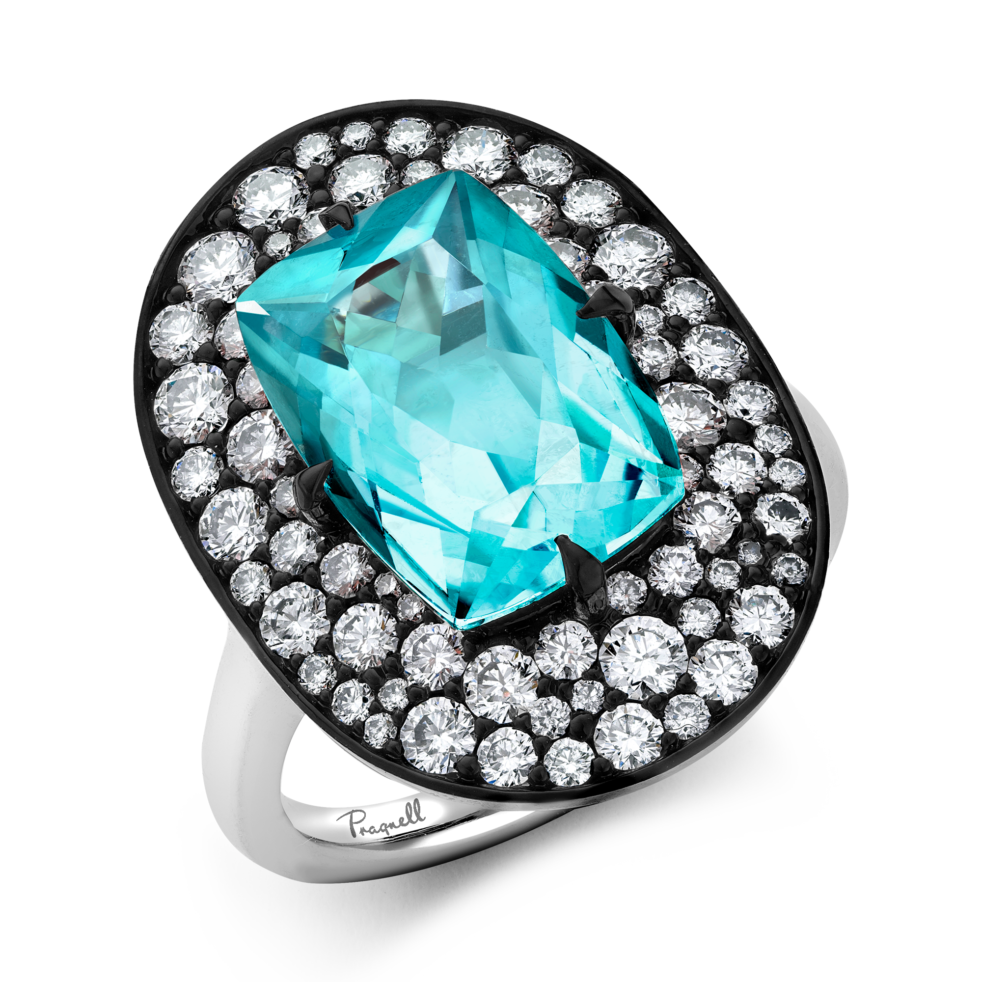 Masterpiece Snowstorm 5.29ct Paraiba Tourmaline and Diamond Cocktail Ring Cushion modern cut, Claw set_1