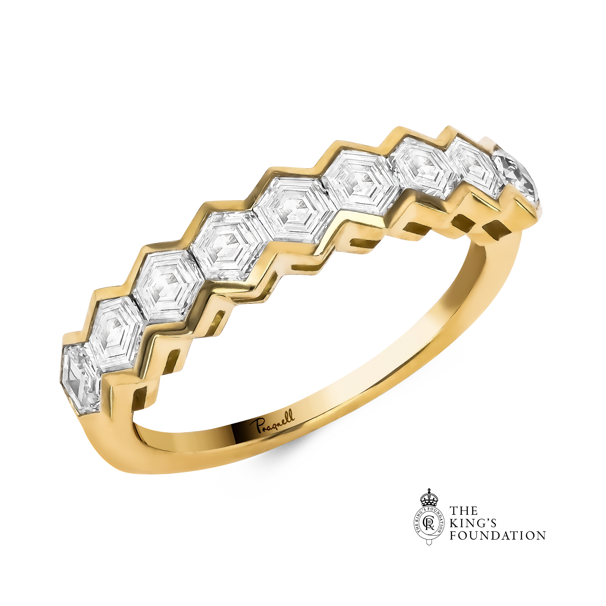 Honeycomb Nine Stone Diamond Ring Hexagonal Cut, Rubover Set_1