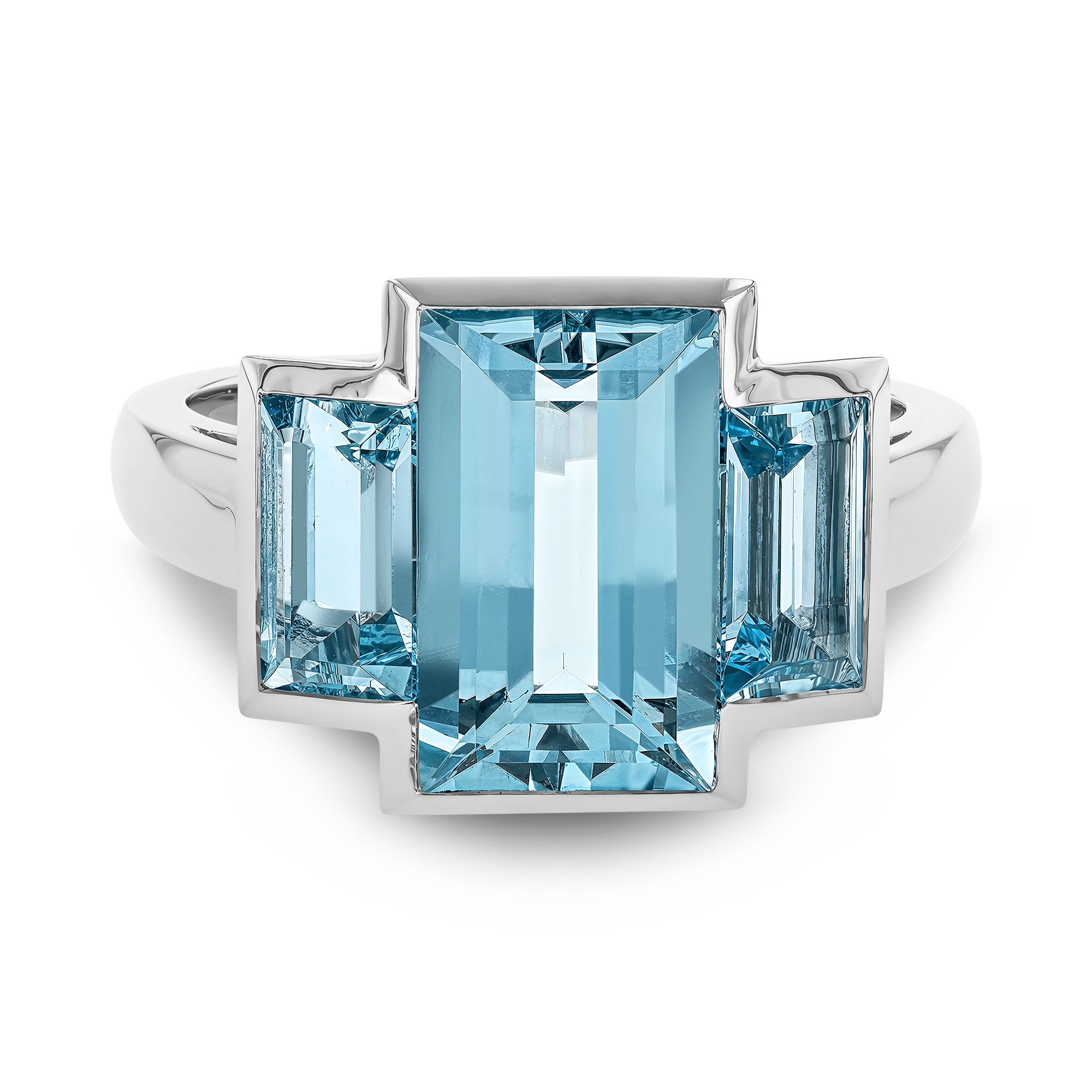 Kingdom 3.45ct Aquamarine Three Stone Ring Baguette Cut, Rubover Set_2