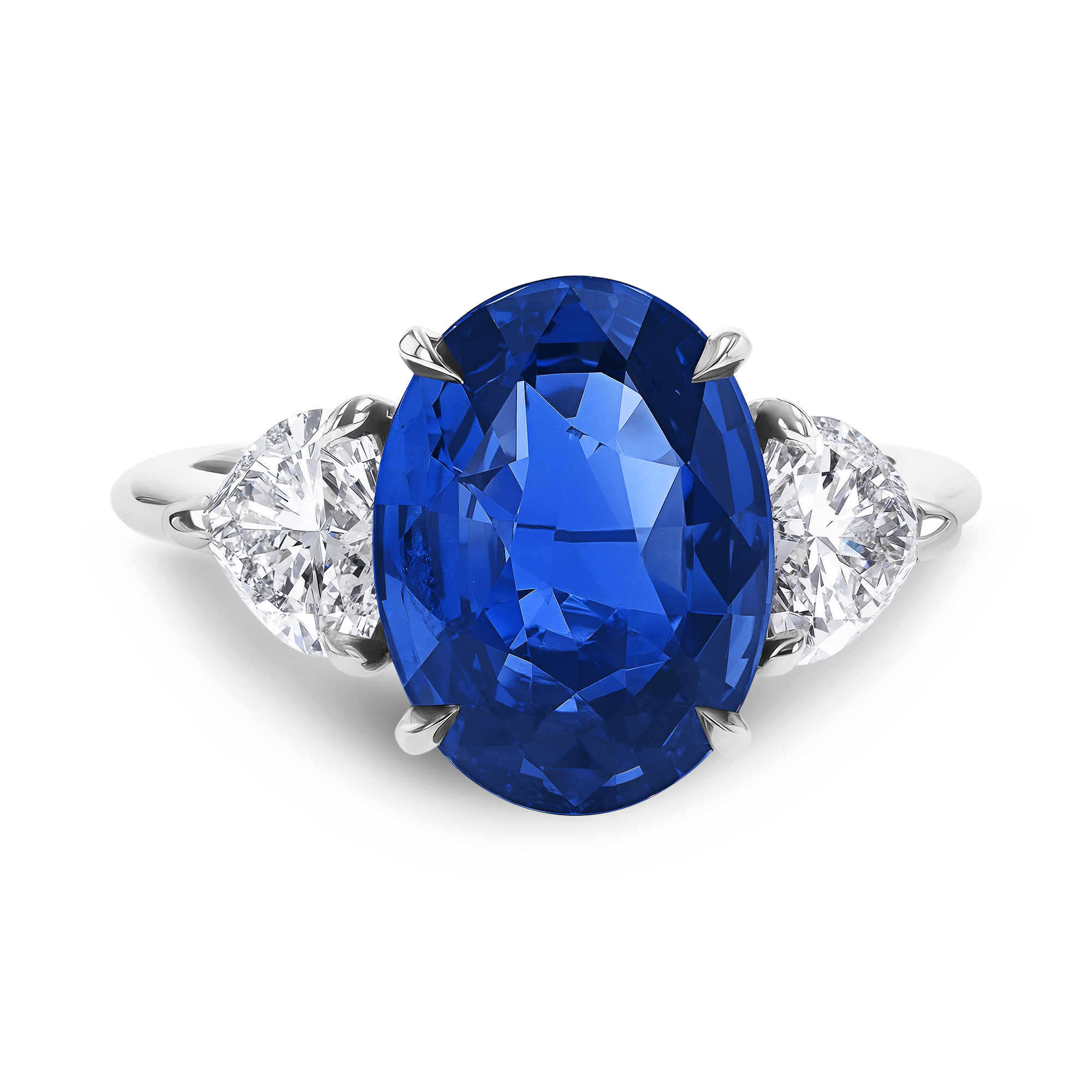 Venus Setting 4.66ct Sri Lankan Sapphire and Diamond Three Stone Ring Oval & Heart Cut, Claw Set_2