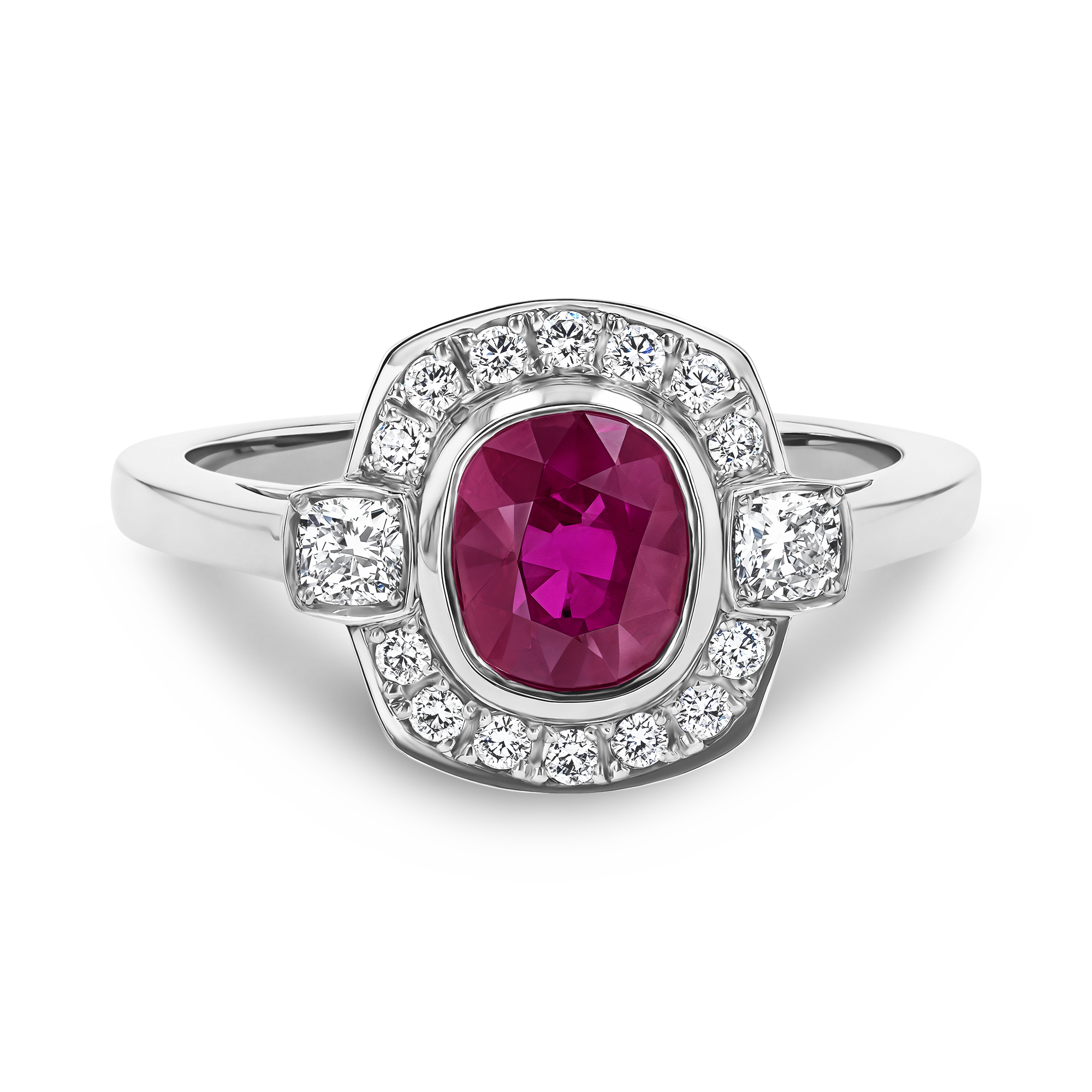 Cushion Cut 1.31ct Ruby and Diamond Cluster Ring Cushion & Brilliant Cut, Rubover & Grain Set_2