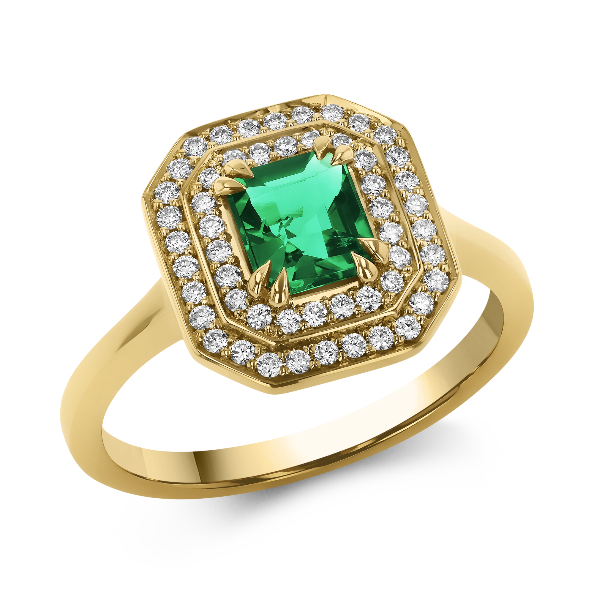 0.69ct Emerald and Diamond Double Halo Cluster Ring Emerald & Brilliant Cut, Claw Set_1