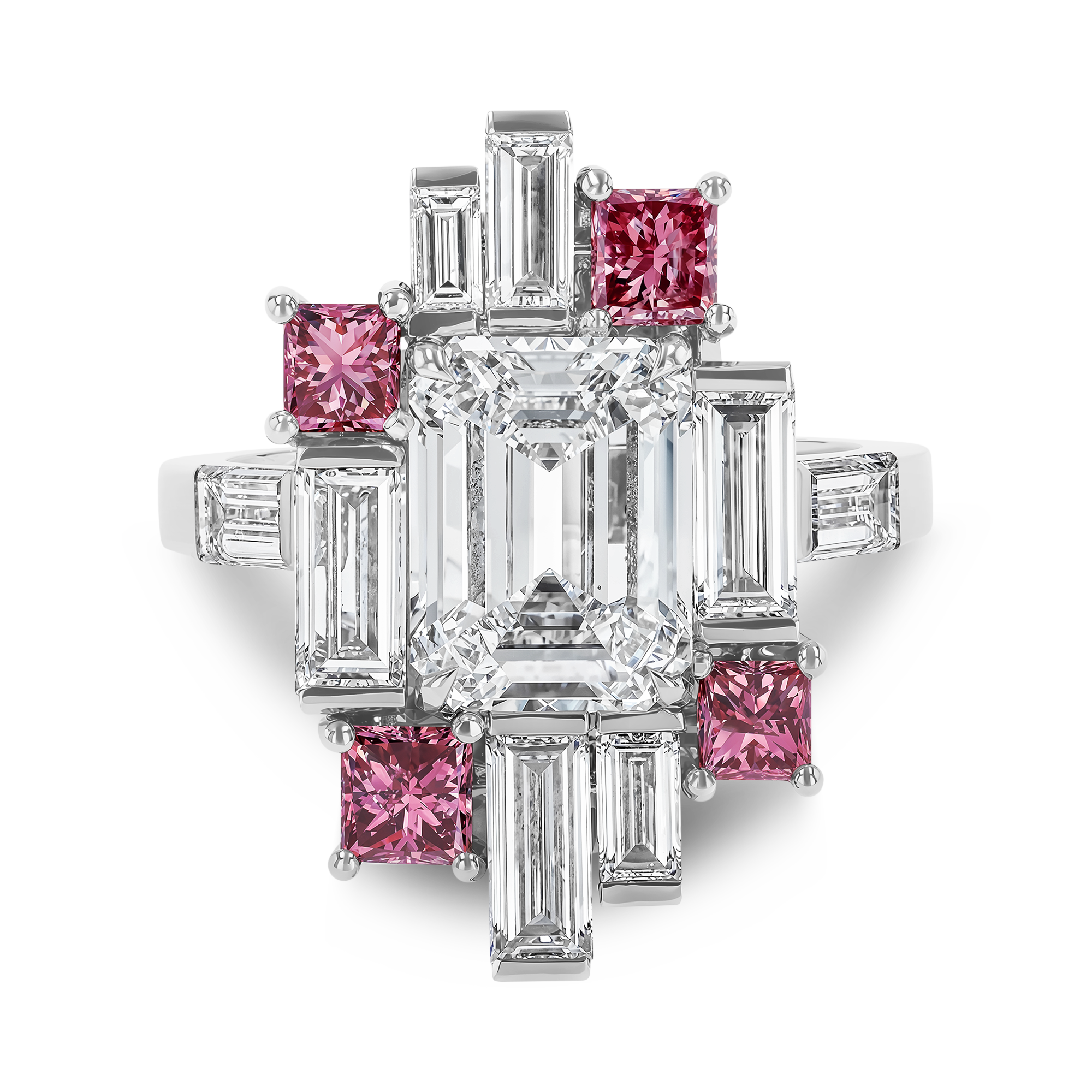 Masterpiece Emerald Cut 3.01ct Diamond and Fancy Vivid Pink Diamond Ring Emerald Cut, Claw Set_2