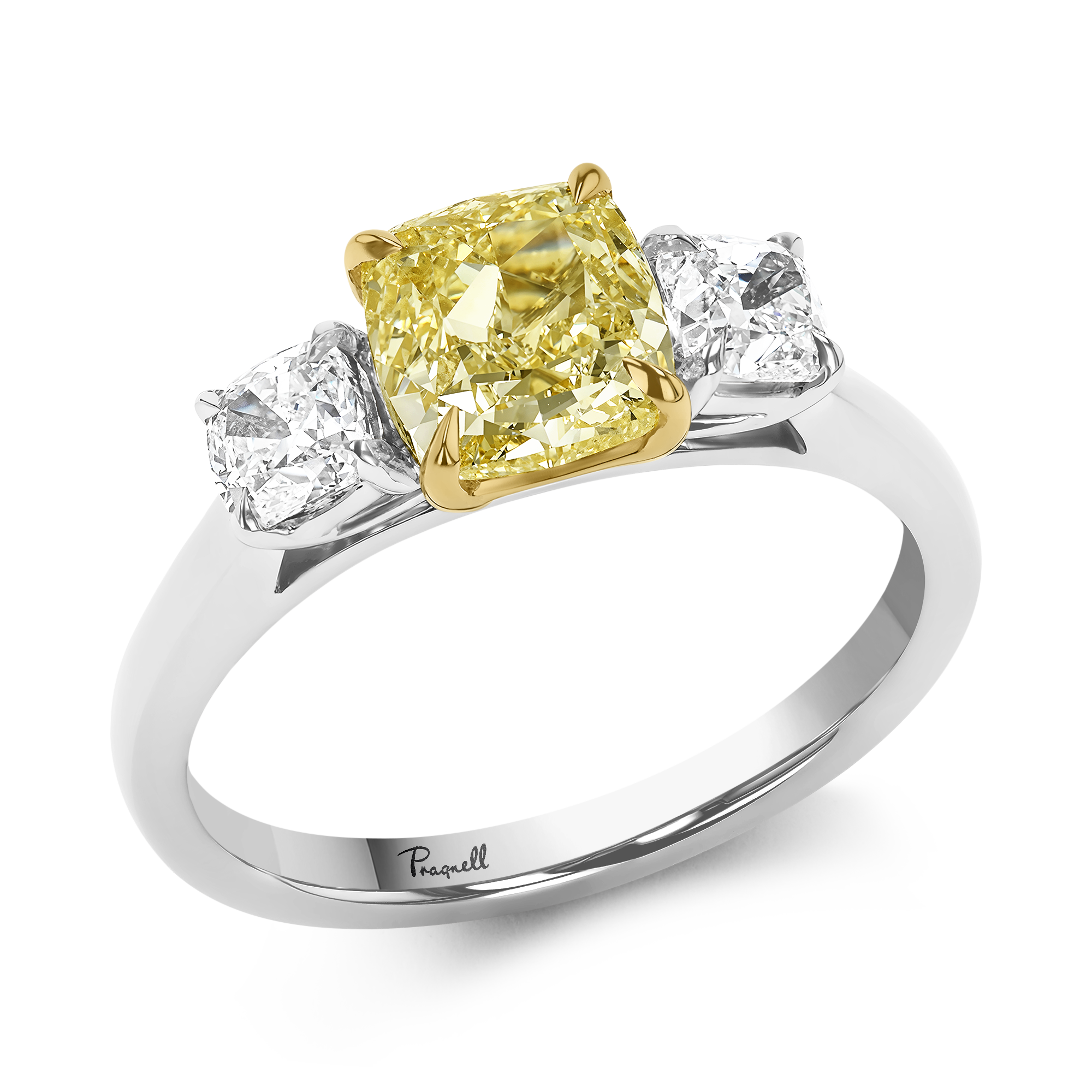 Cushion Cut 1.66ct Fancy Yellow Diamond Three Stone Ring Cushion modern cut, Claw set_1