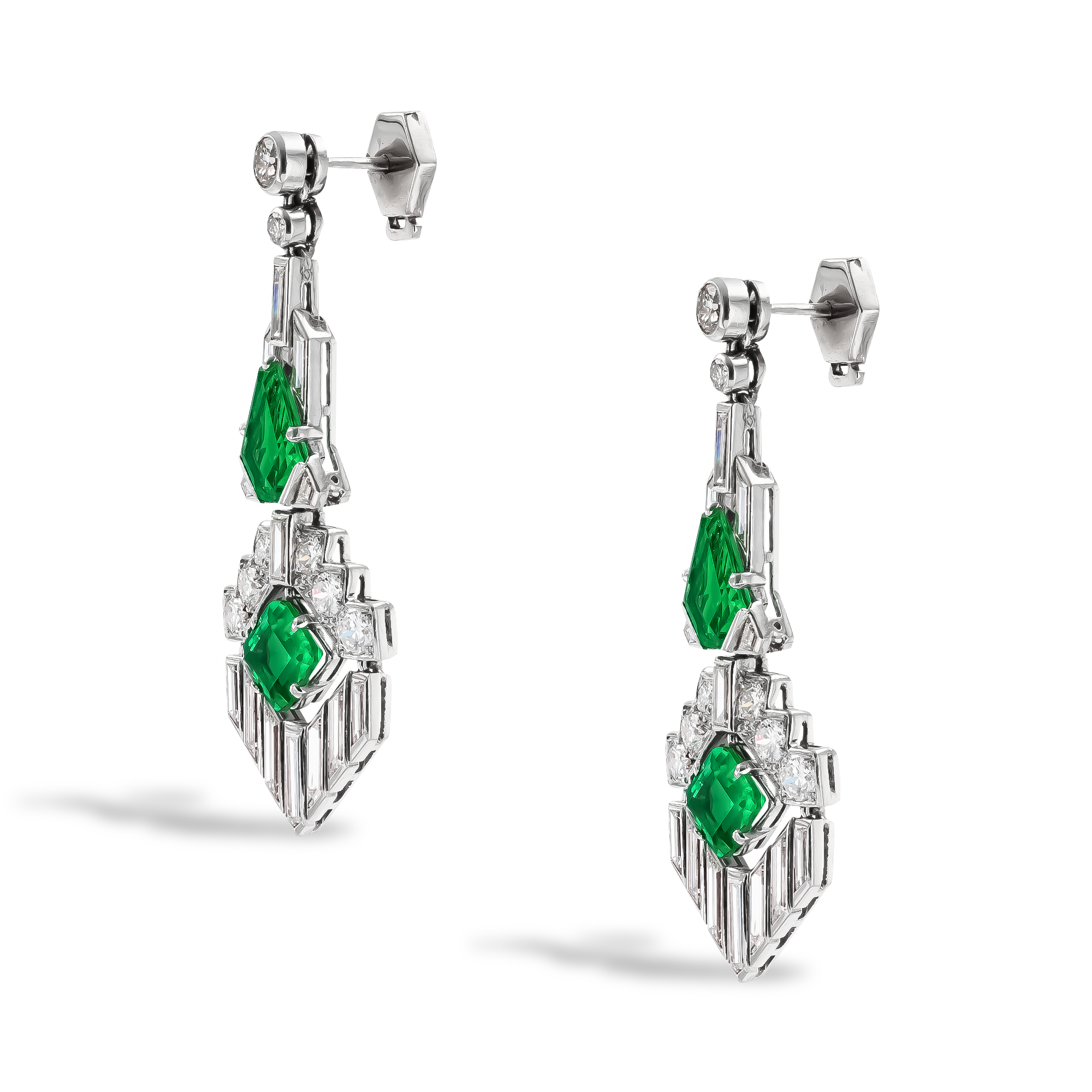 Art Deco 4.14ct Colombian Emerald and Diamond Chandelier Earrings Octagonal Cut, Claw Set_2