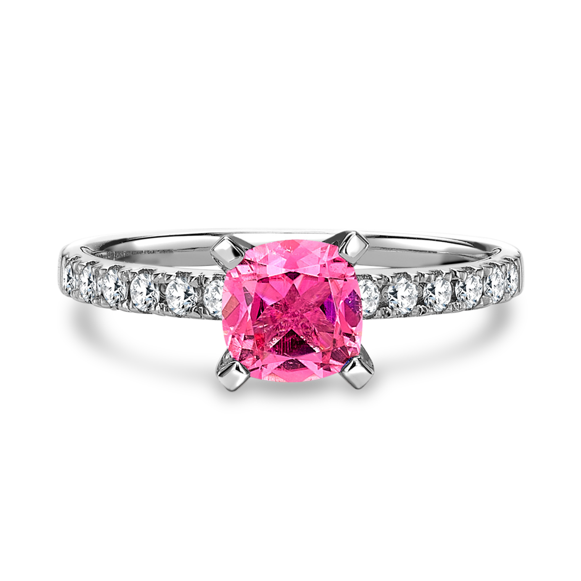 Pink Tourmaline and Diamond Ring Cushion and Brilliant Cut, Claw Set_1