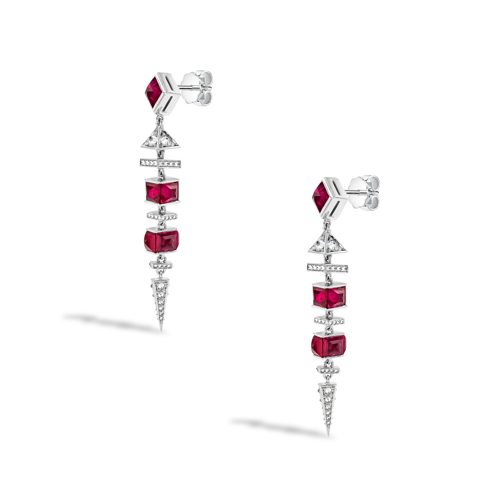 Carré Cut 7.85ct Ruby and Diamond Drop Earrings Carré & Brilliant Cut, Rubover Set_2