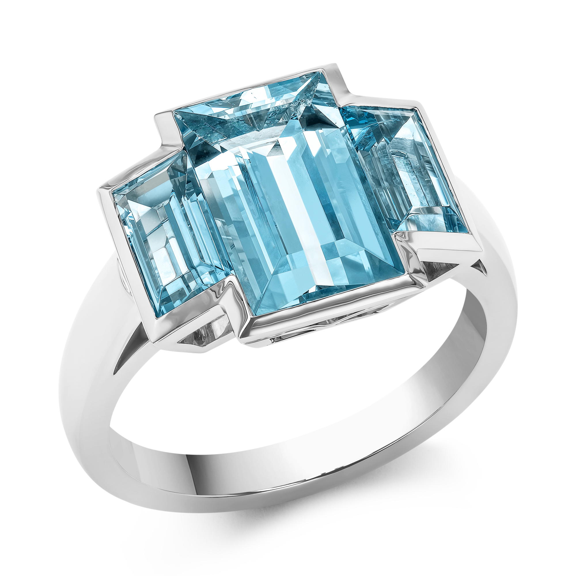 Kingdom 3.45ct Aquamarine Three Stone Ring Baguette Cut, Rubover Set_1