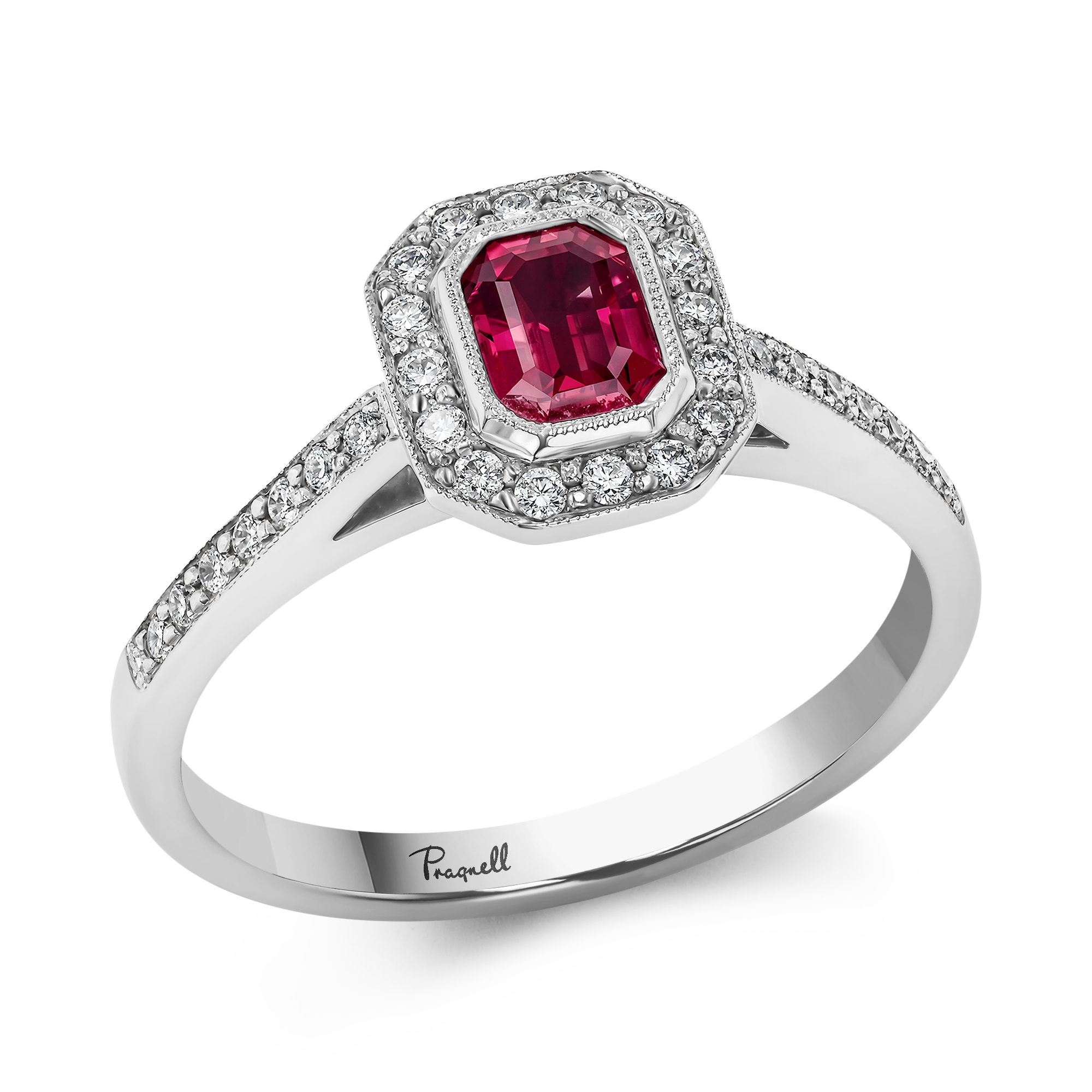 Octagonal Cut Ruby Ring Cluster Ring with Diamond Shoulders_1