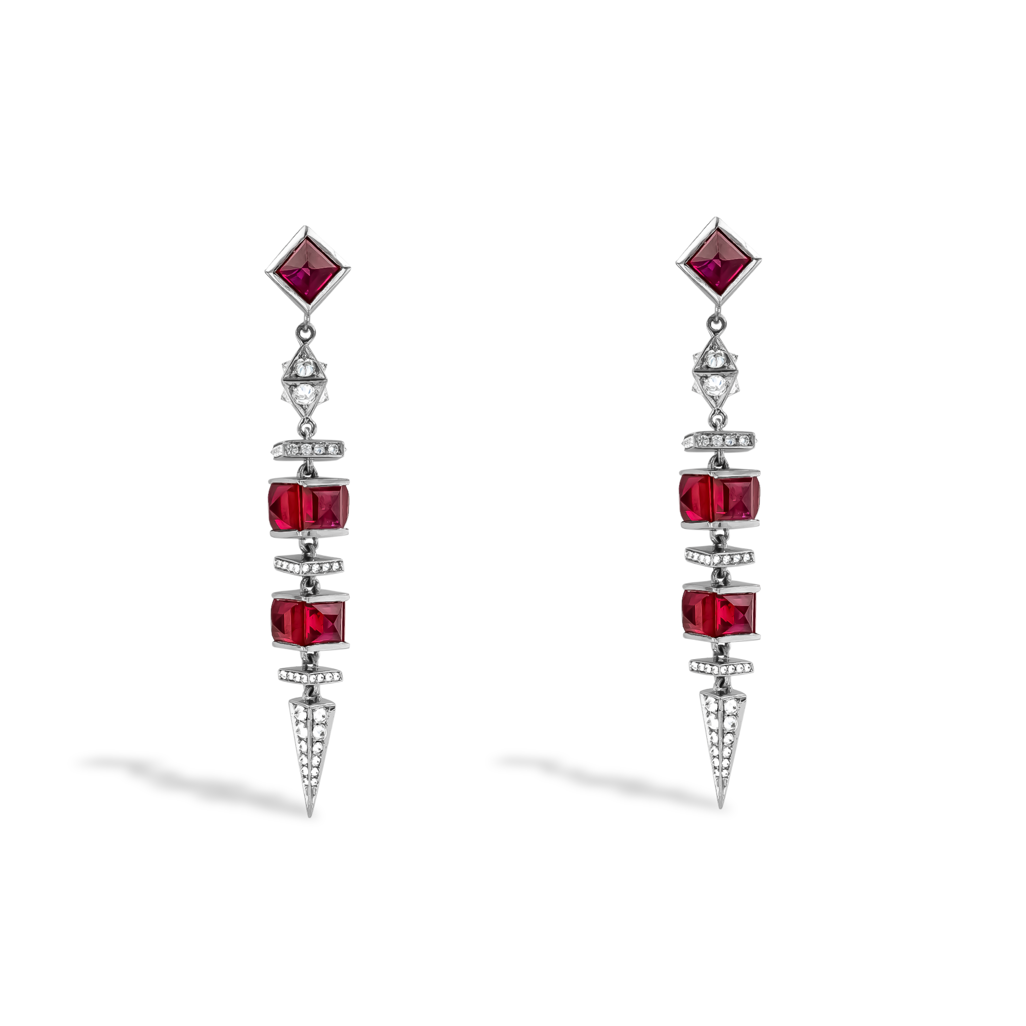 Carré Cut 7.85ct Ruby and Diamond Drop Earrings Carré & Brilliant Cut, Rubover Set_1