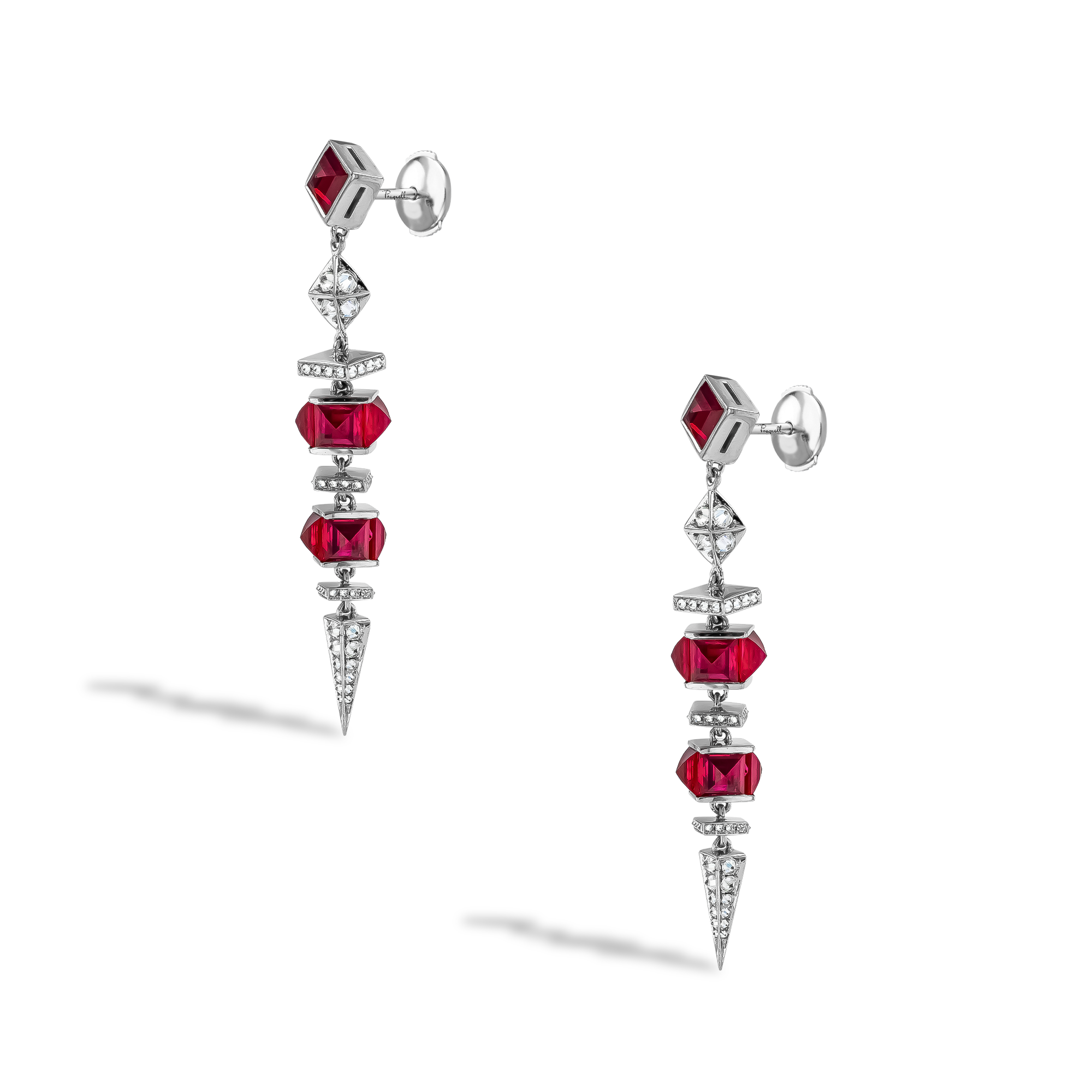 Carré Cut 7.85ct Ruby and Diamond Drop Earrings Carré & Brilliant Cut, Rubover Set_2